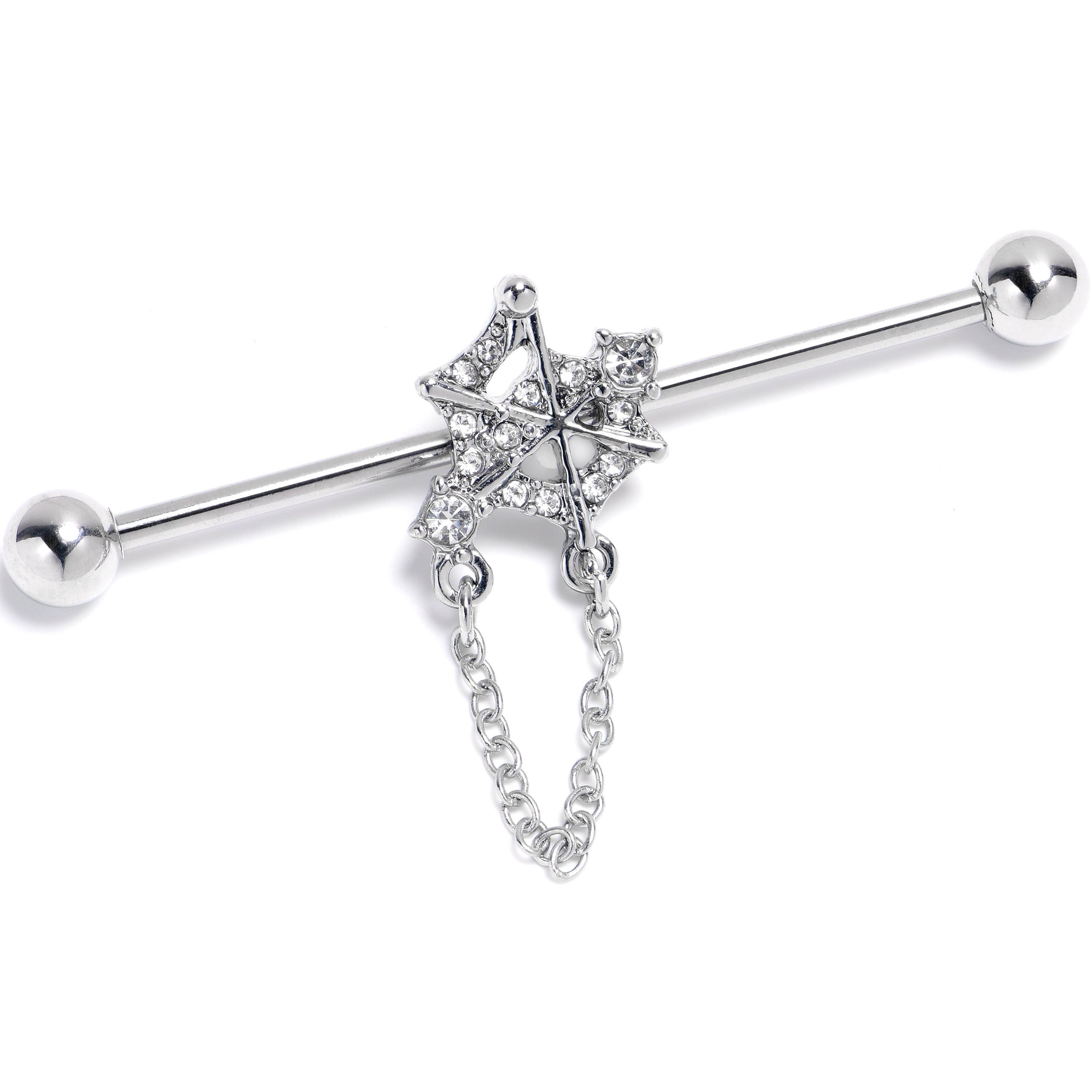 BodyCandy 14G Clear Gem Spiderweb Chain Dangle Industrial Barbell 38mm — main product shot