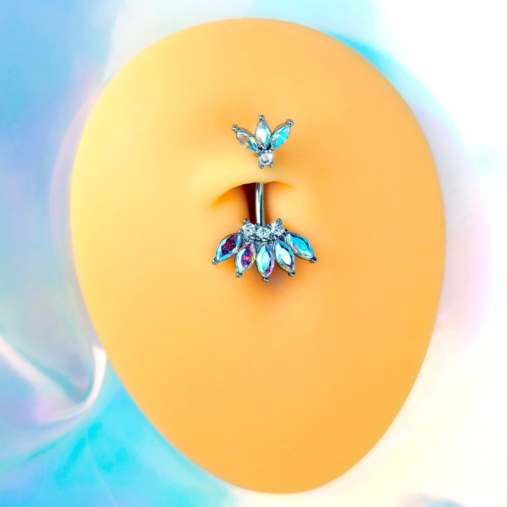 BodyCandy Clear Aurora Gem Fashion Fan Double Mount Belly Ring — detail close-up
