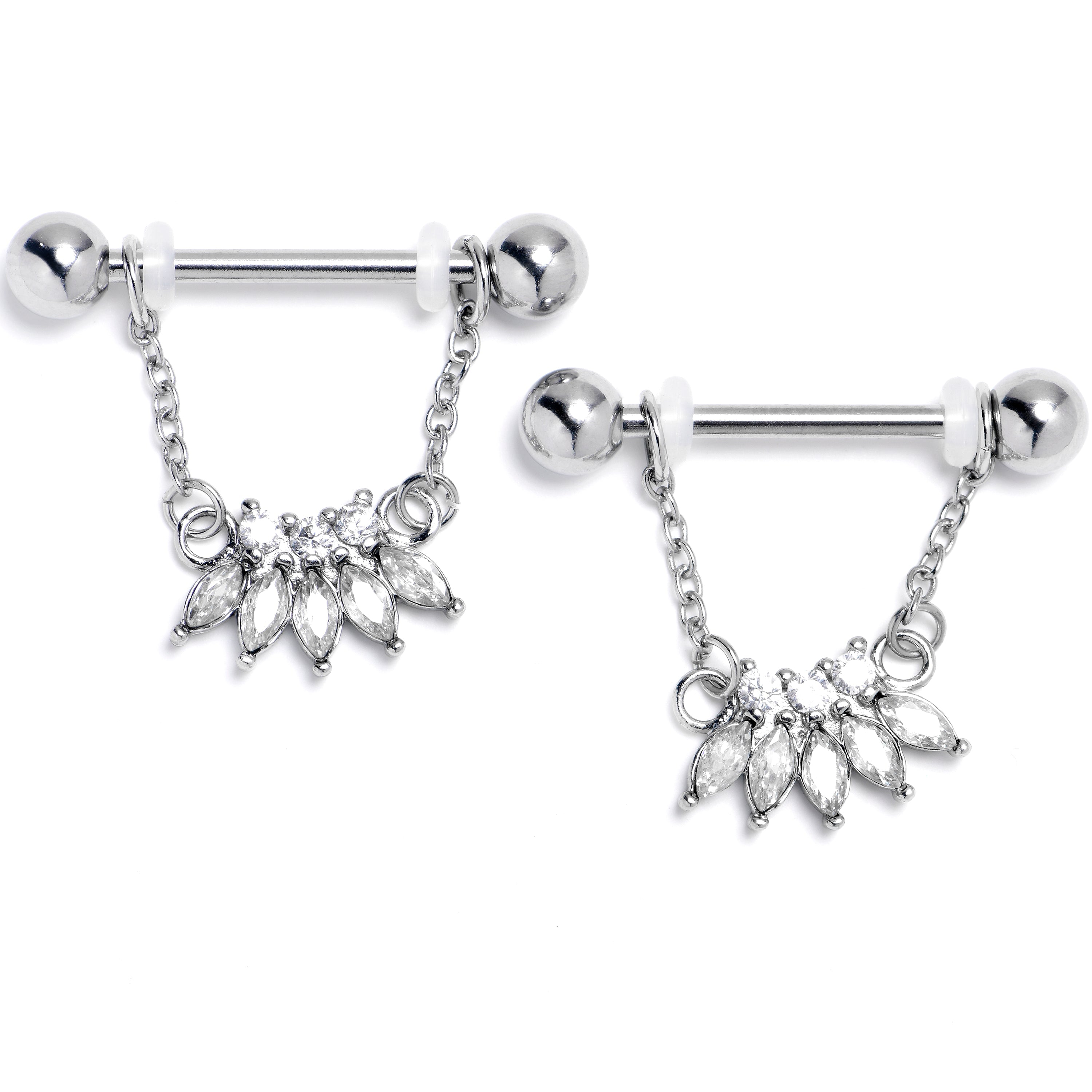 BodyCandy 14G 9/16 Clear Gem Fashion Fan Chain Dangle Nipple Ring Set — main product shot