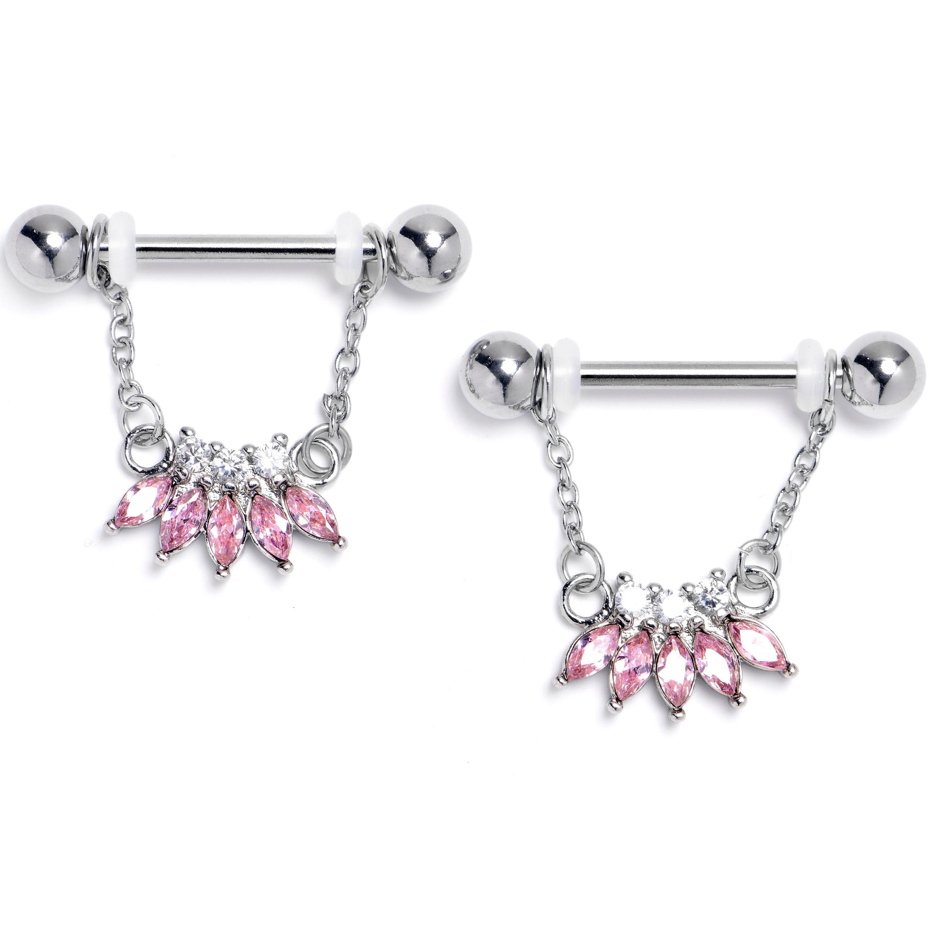 BodyCandy 14G 9/16 Pink Gem Fashion Fan Chain Dangle Nipple Ring Set — main product shot