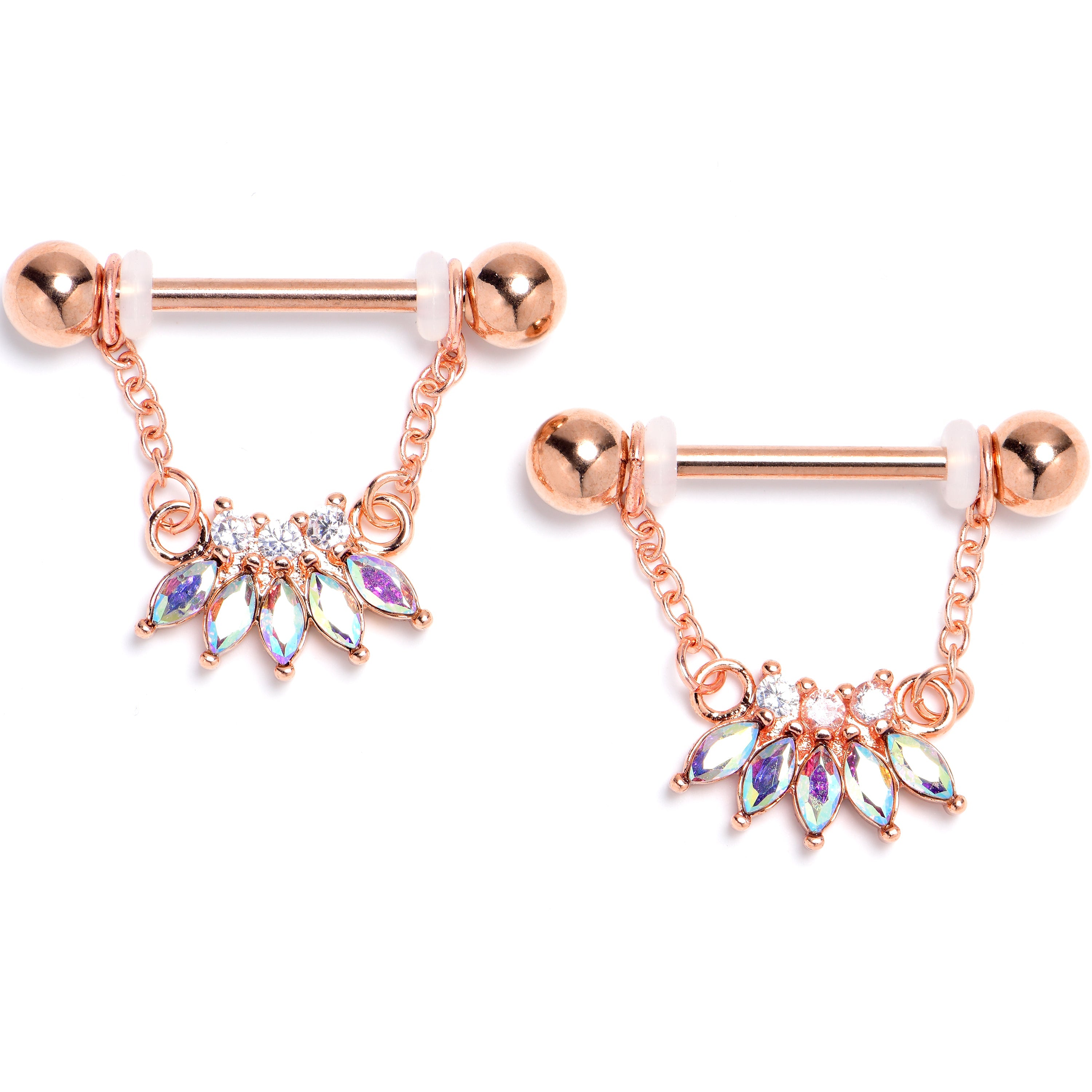 BodyCandy 14G 9/16 Aurora Gem Rose Gold Tone Fashion Fan Dangle Nipple Ring Set — main product shot