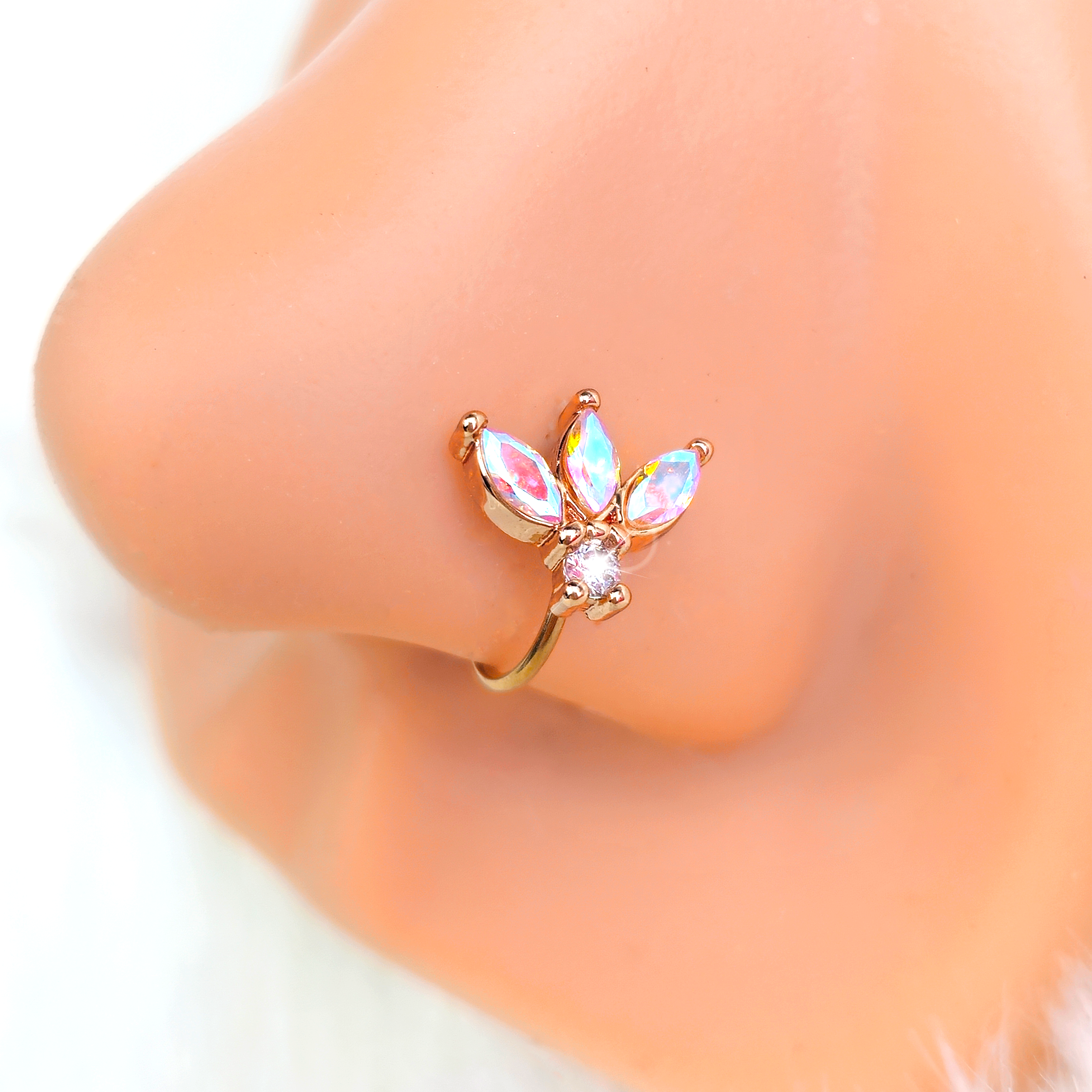 BodyCandy 20G 5/16 Aurora Gem Rose Gold Tone Fashion Fan Mini Nose Hoop — detail close-up