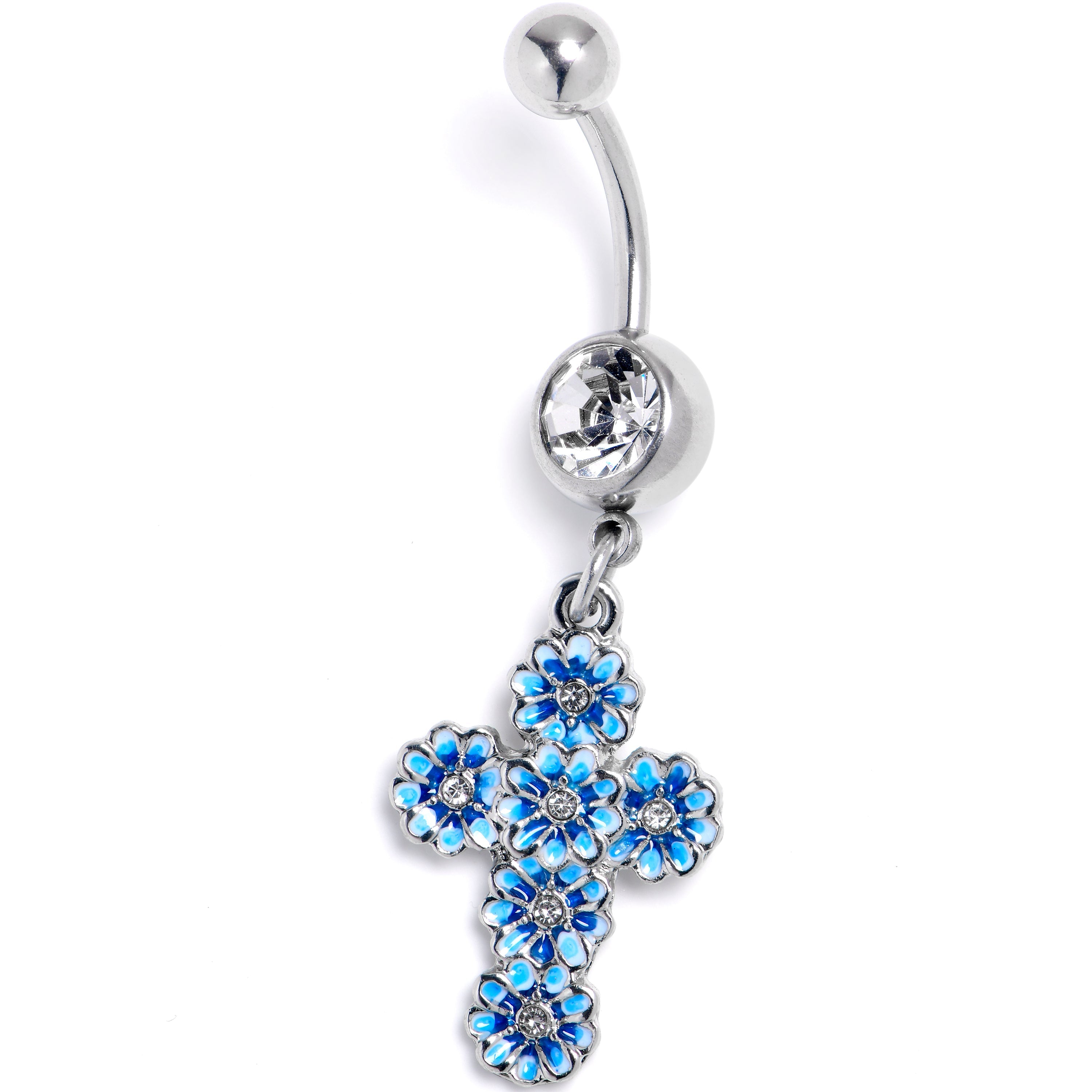 BodyCandy Clear Gem Beautifully Blue Flower Cross Dangle Belly Ring — main product shot