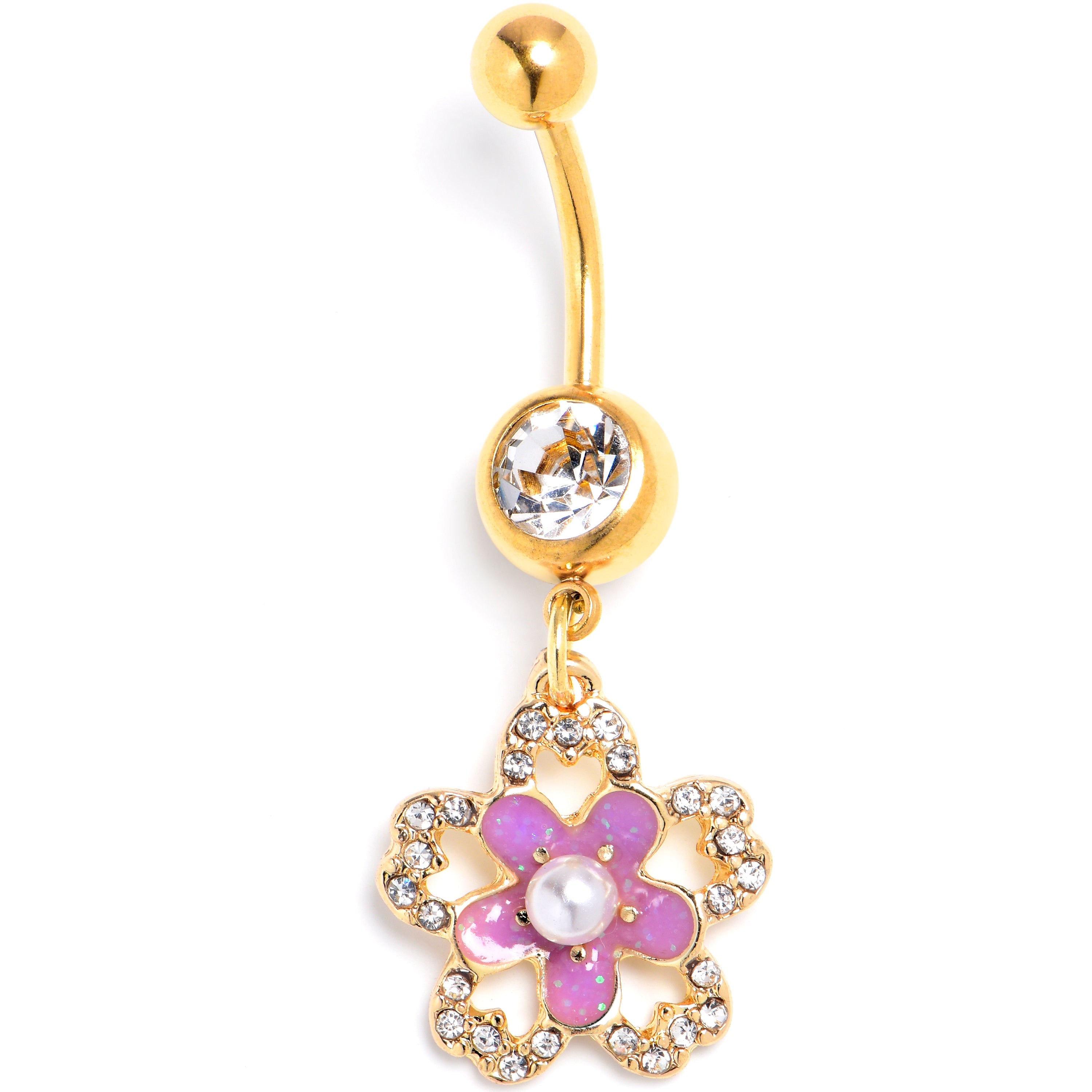 BodyCandy Clear Gem Gold Tone Flower Double Purple Dangle Belly Ring — main product shot