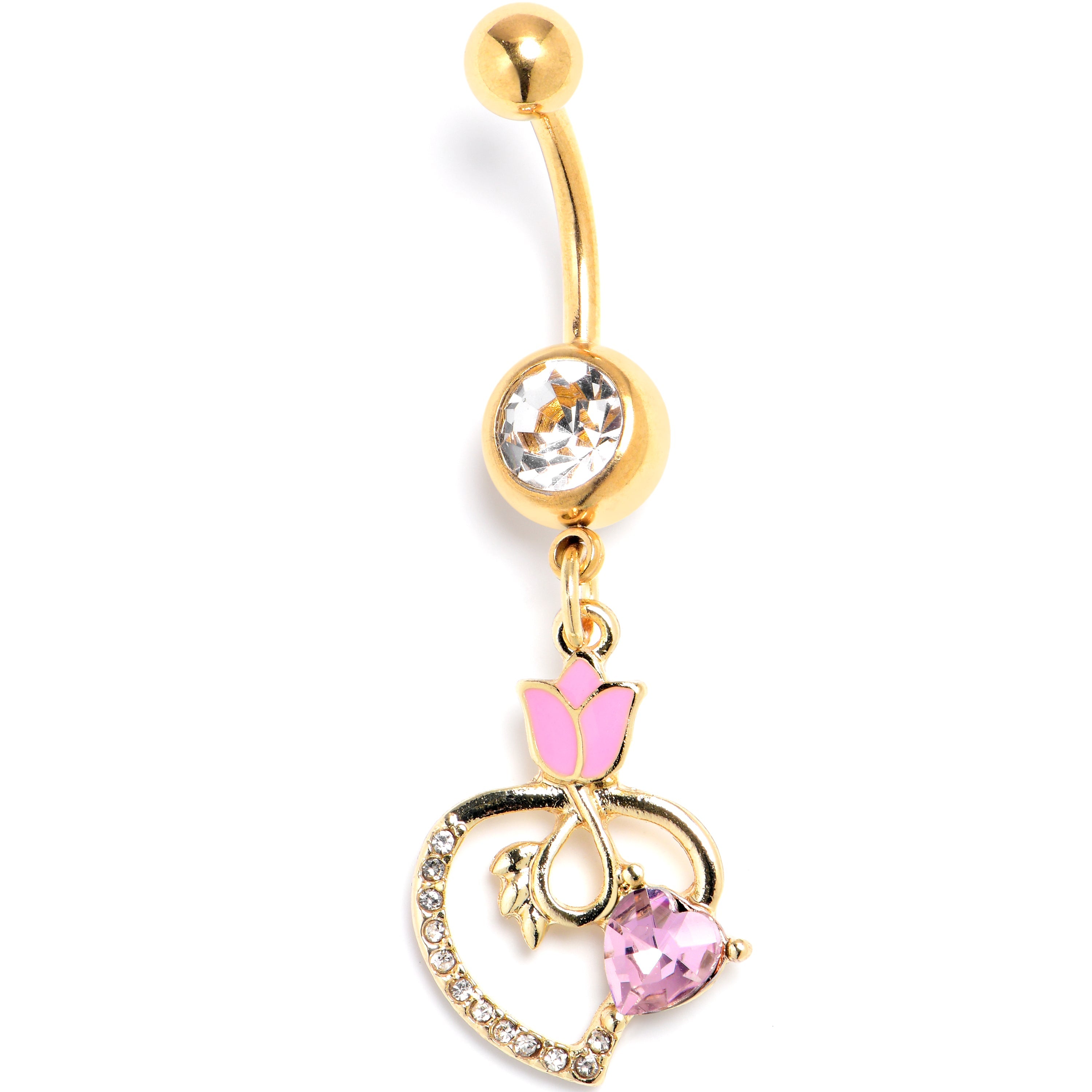 BodyCandy Pink Clear Gem Gold Tone Tulip Heart Flower Dangle Belly Ring — main product shot