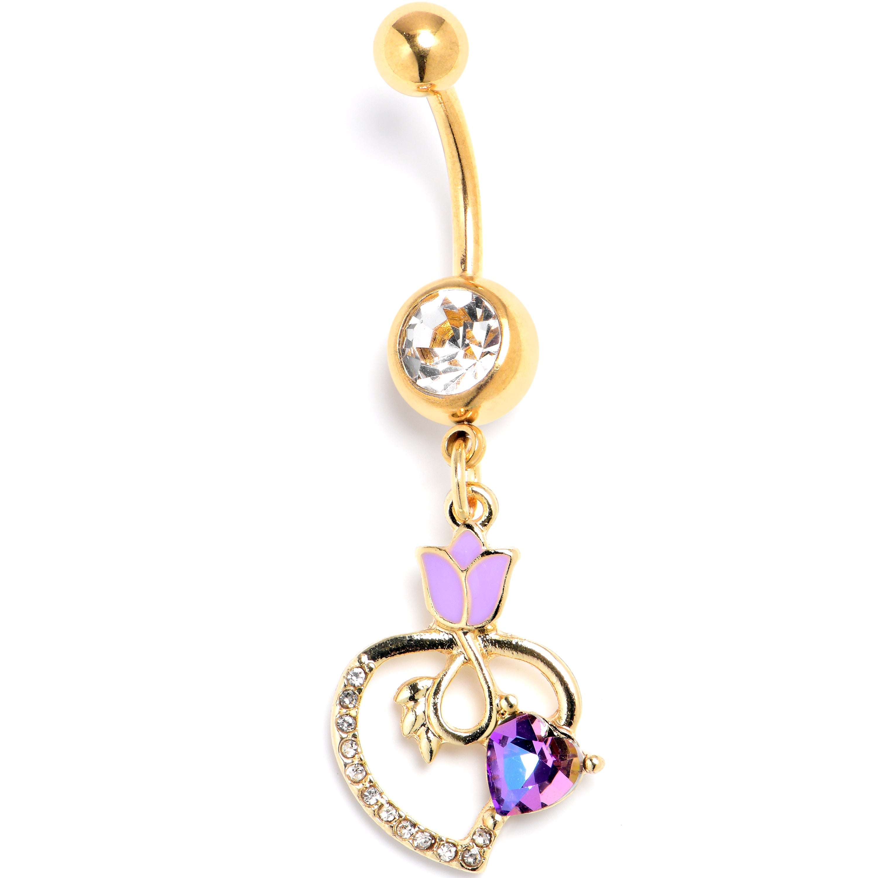 BodyCandy Purple Clear Gem Gold Tone Tulip Heart Flower Dangle Belly Ring — main product shot