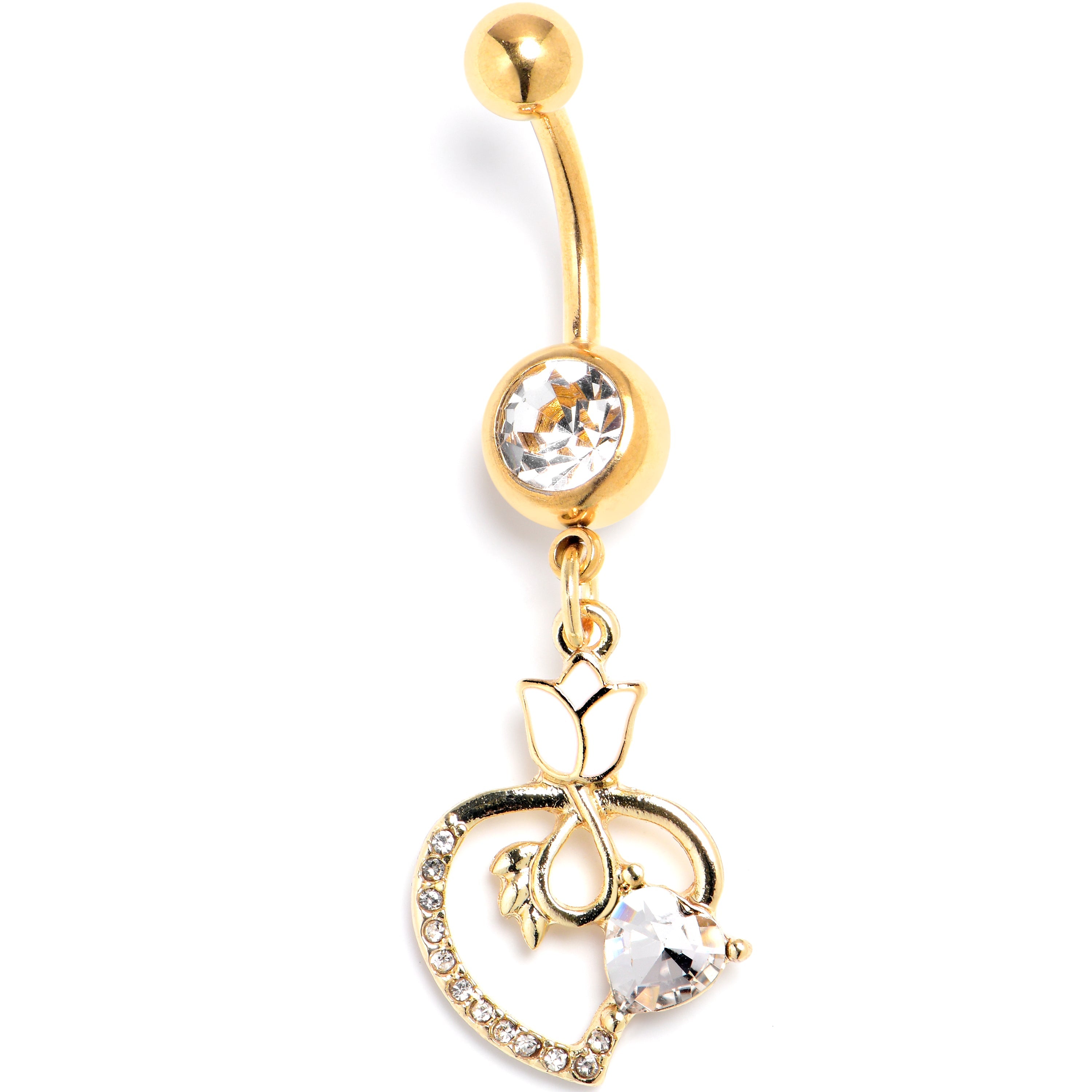 BodyCandy Clear Gem Gold Tone Tulip Heart Flower Dangle Belly Ring — main product shot