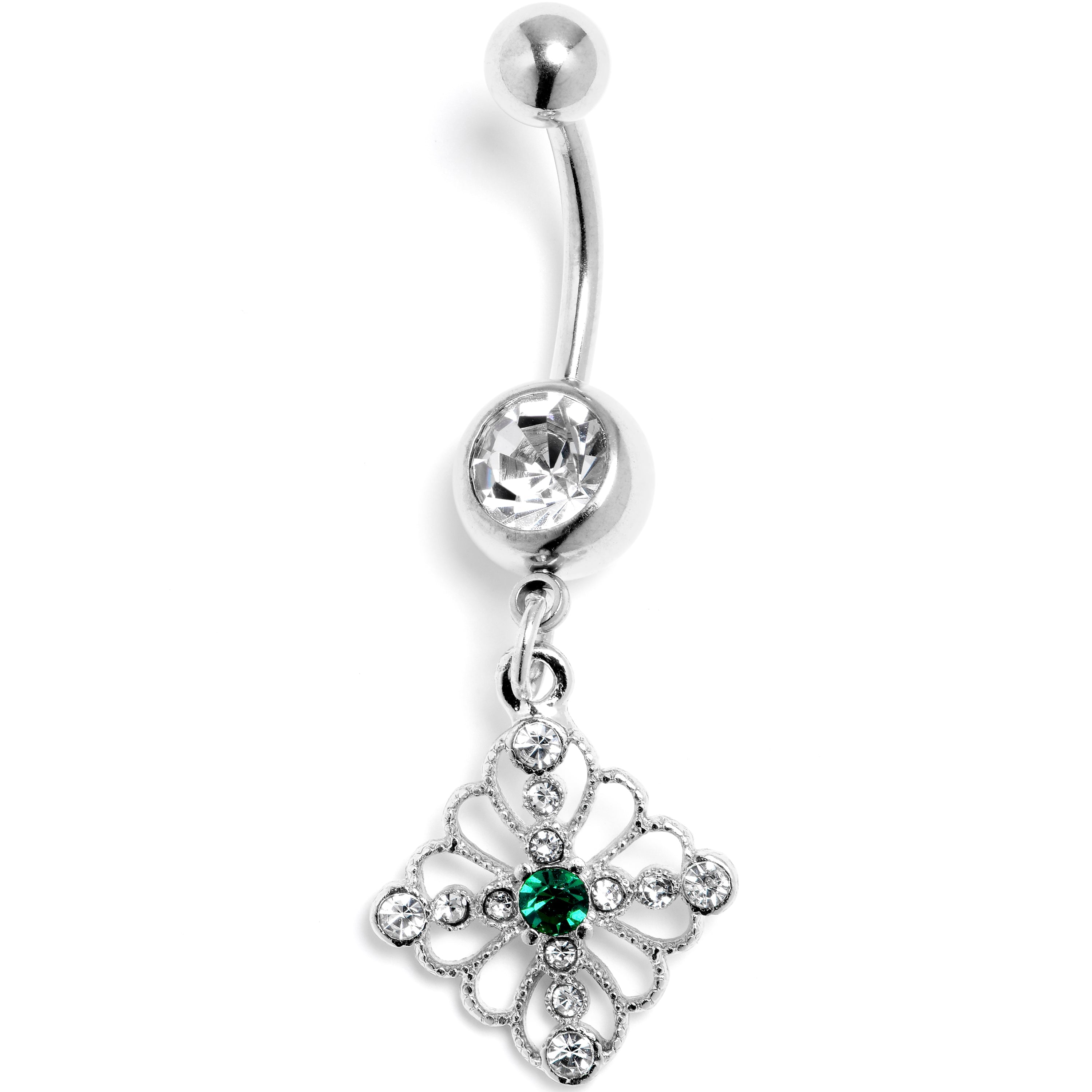 BodyCandy Clear Green Gem Filigree Cross Rhombus Dangle Belly Ring — main product shot