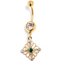 BodyCandy Clear Green Gem Gold Tone Filigree Cross Rhombus Dangle Belly Ring — main product shot