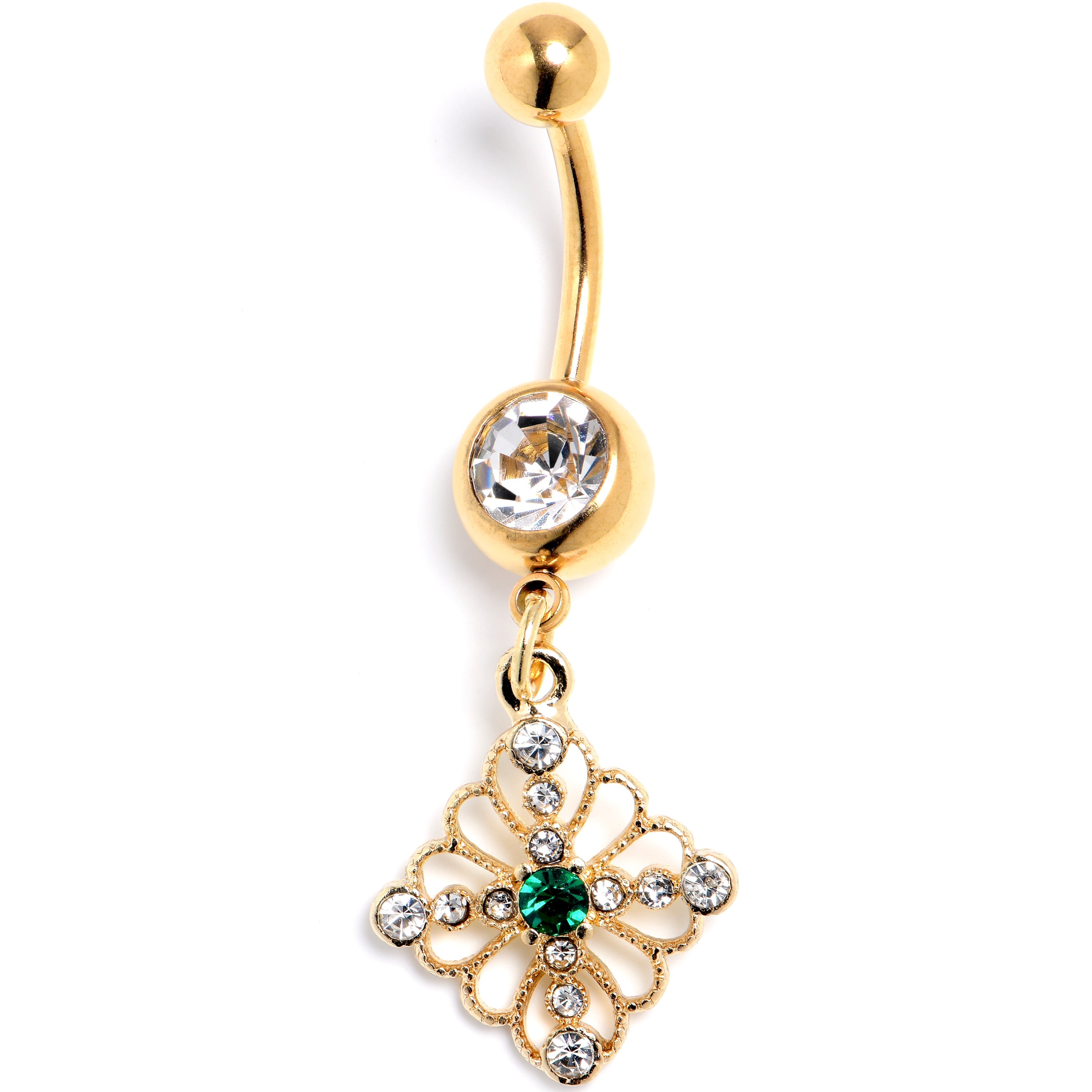 BodyCandy Clear Green Gem Gold Tone Filigree Cross Rhombus Dangle Belly Ring — main product shot