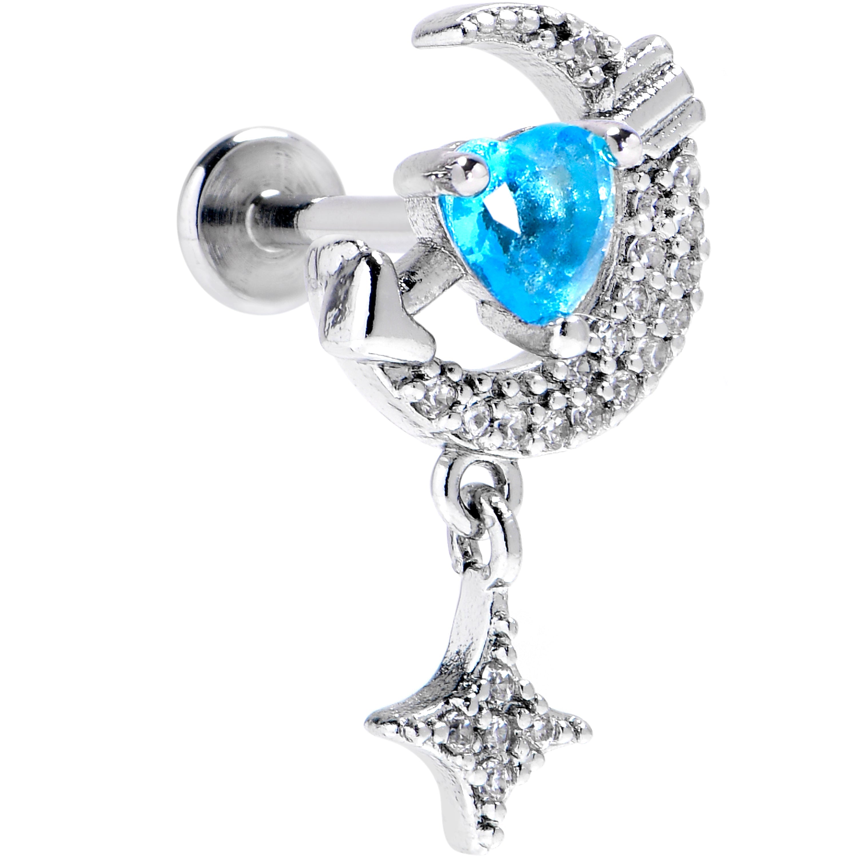 BodyCandy 16G Blue CZ Gem Moon Lover Internally Threaded Labret Monroe Tragus — main product shot