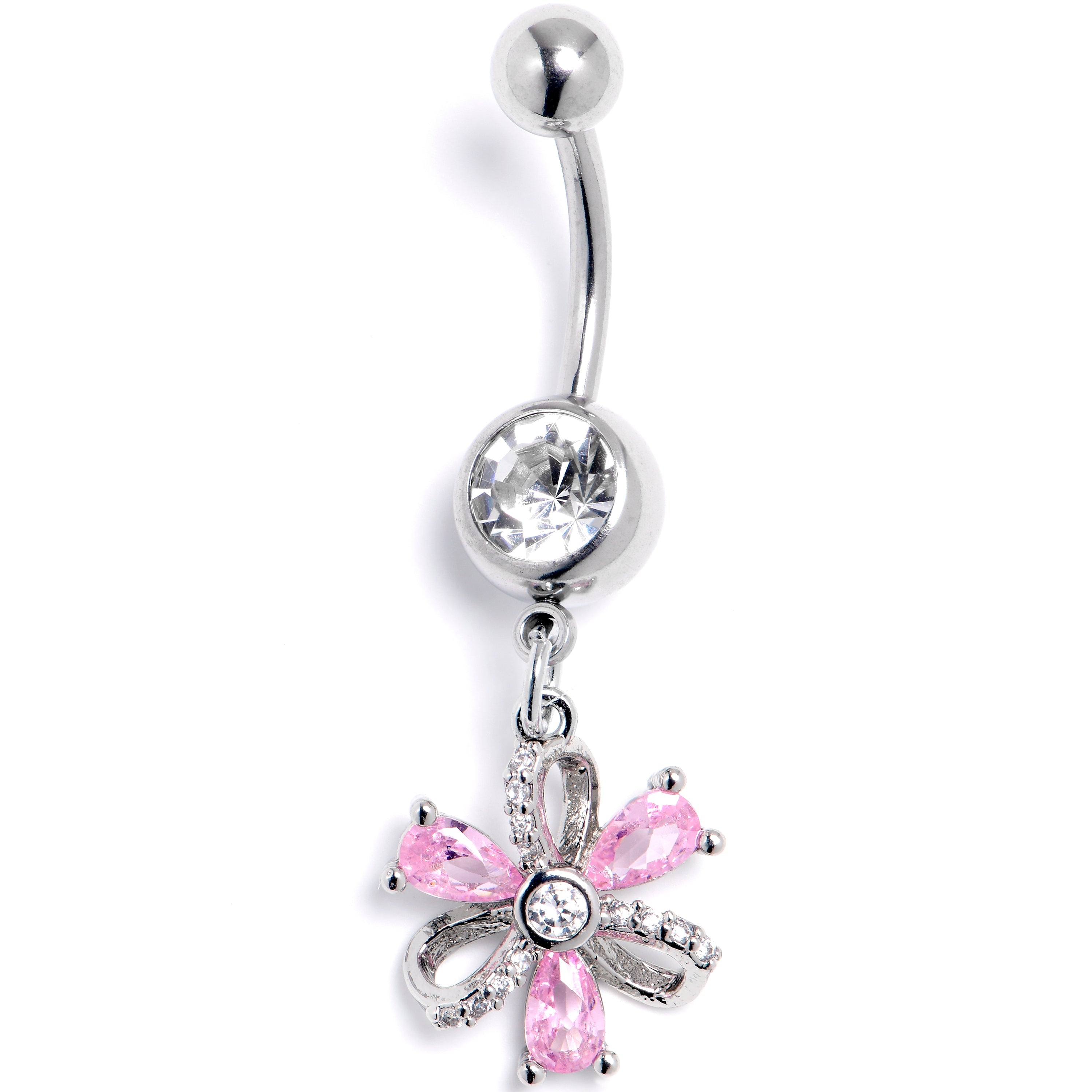 BodyCandy Clear Pink CZ Gem Bling Flower Dangle Belly Ring — main product shot