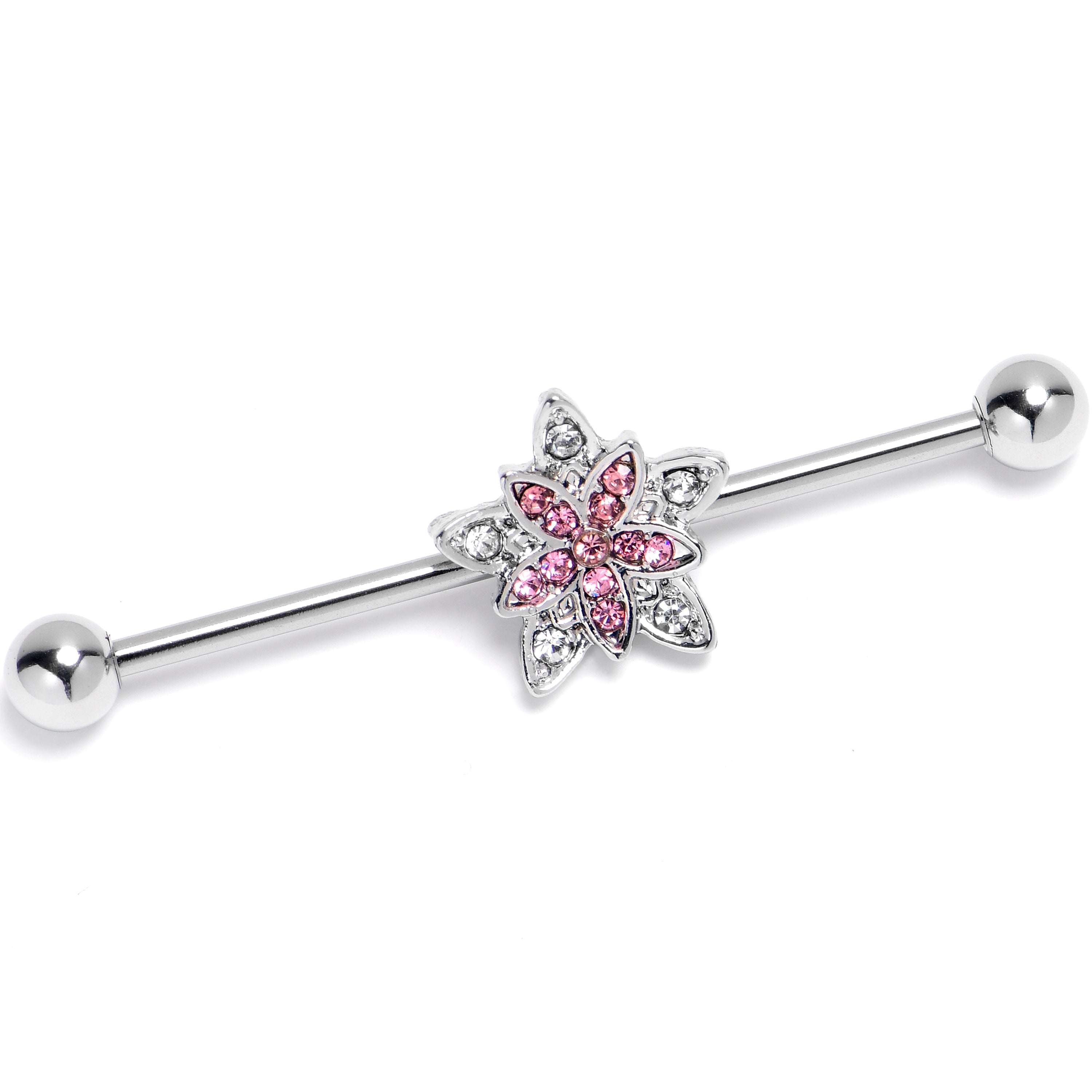 BodyCandy 14G Clear Pink Gem Snowflake Flower Industrial Barbell 38mm — main product shot