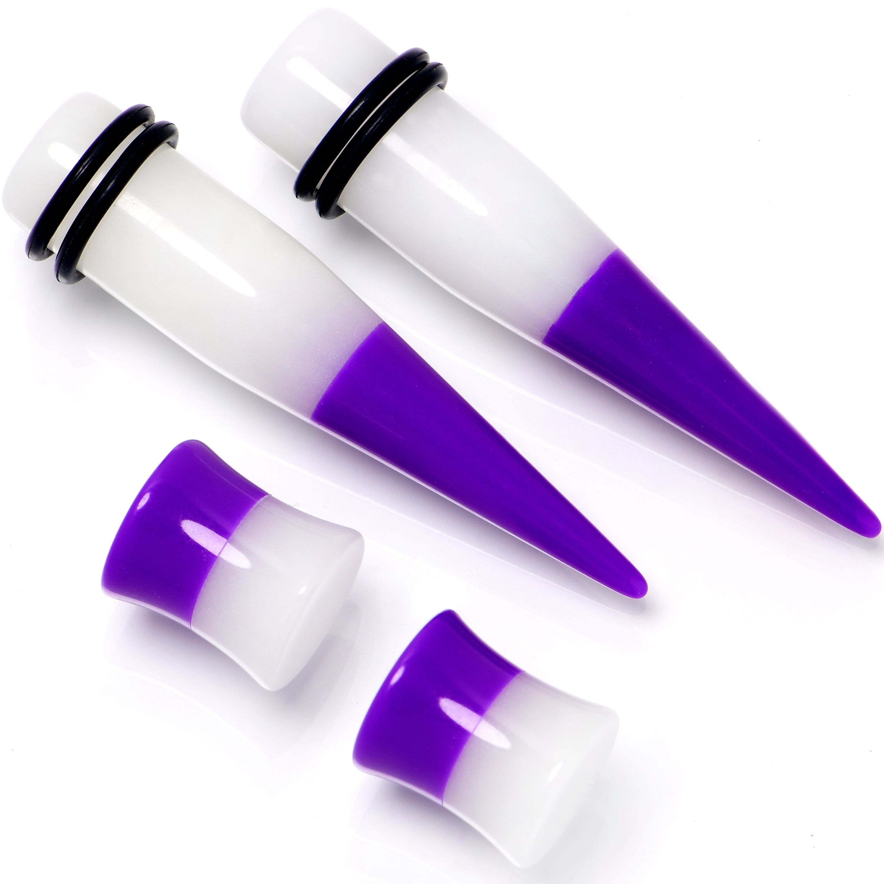 BodyCandy Purple White Acrylic Glow in the Dark Taper Saddle Plug Set 8mm to 16mm Sizes — side view