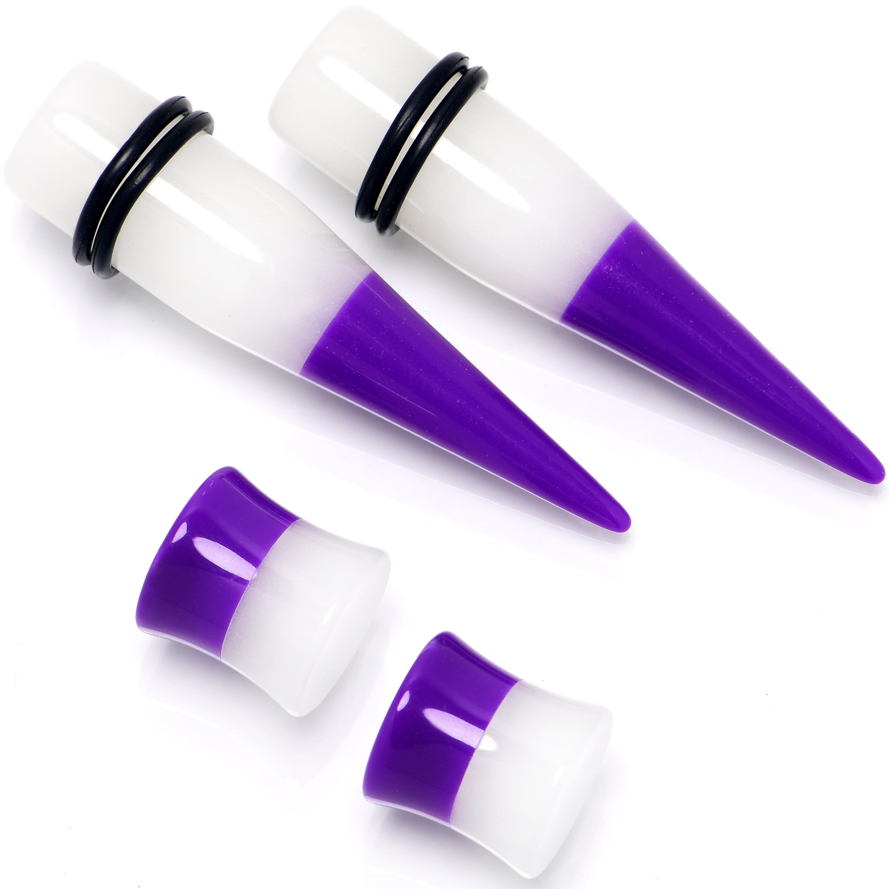 BodyCandy Purple White Acrylic Glow in the Dark Taper Saddle Plug Set 8mm to 16mm Sizes — back view