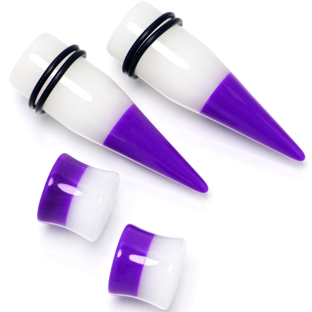 BodyCandy Purple White Acrylic Glow in the Dark Taper Saddle Plug Set 8mm to 16mm Sizes — in-use photo