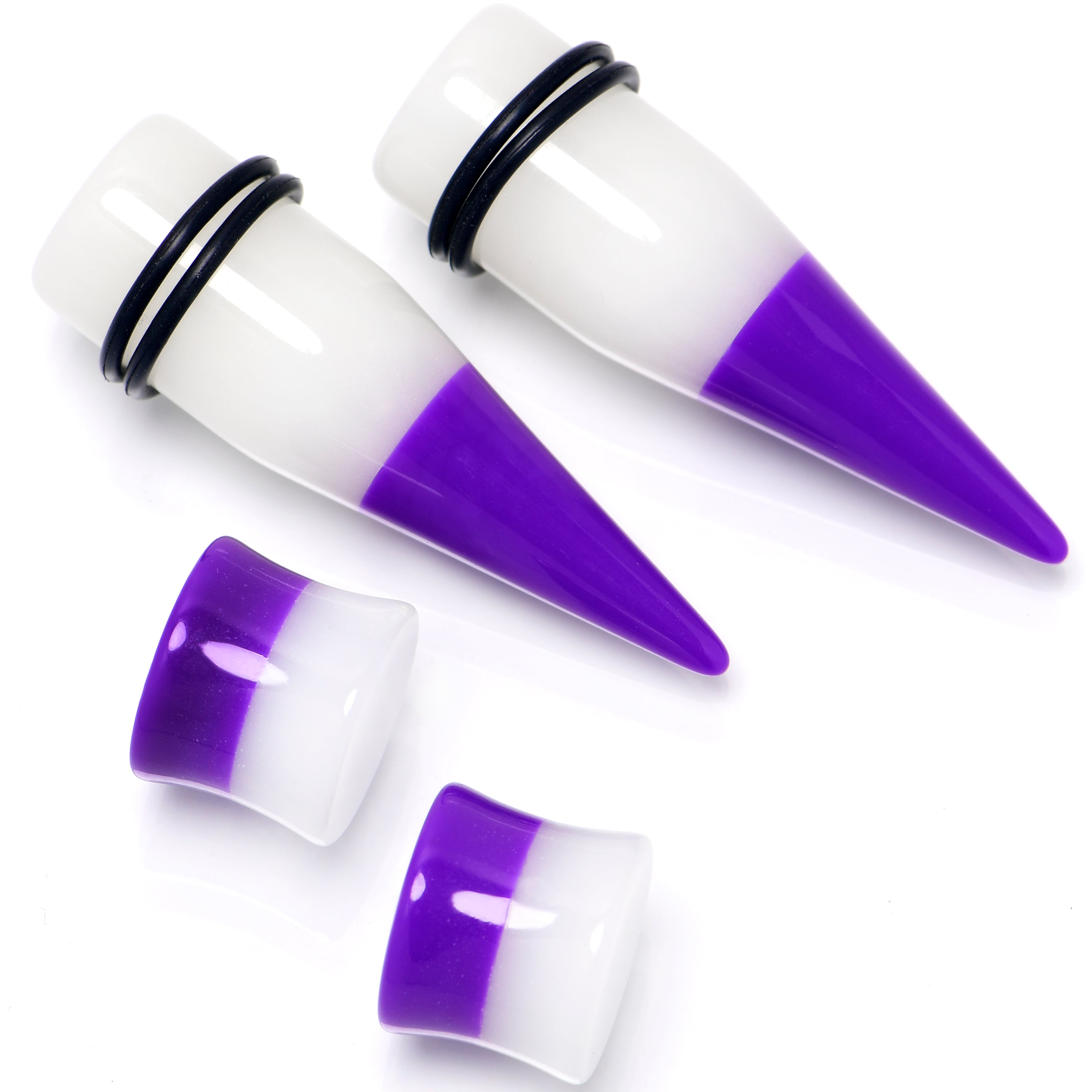 BodyCandy Purple White Acrylic Glow in the Dark Taper Saddle Plug Set 8mm to 16mm Sizes — in-use photo