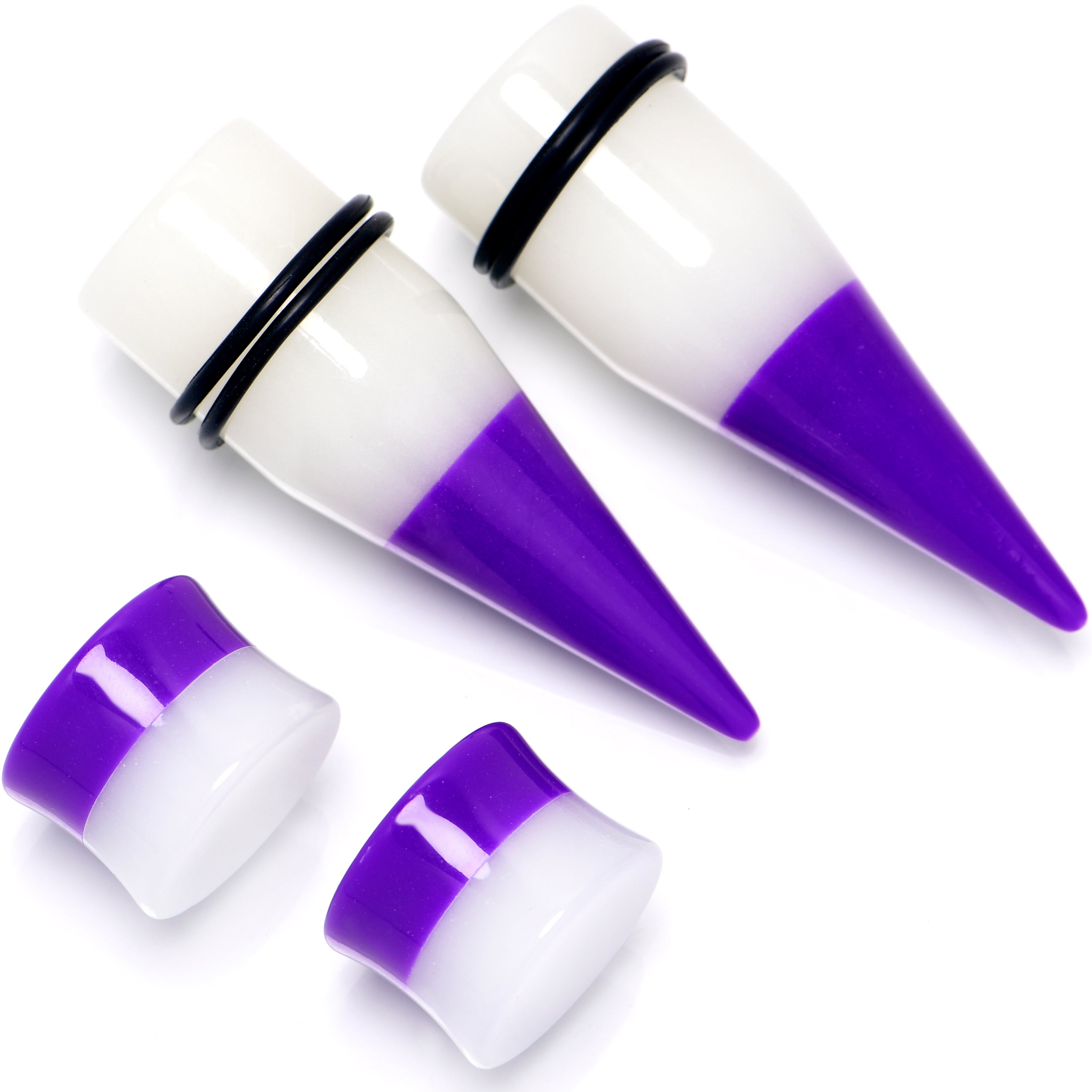 BodyCandy Purple White Acrylic Glow in the Dark Taper Saddle Plug Set 8mm to 16mm Sizes — size reference