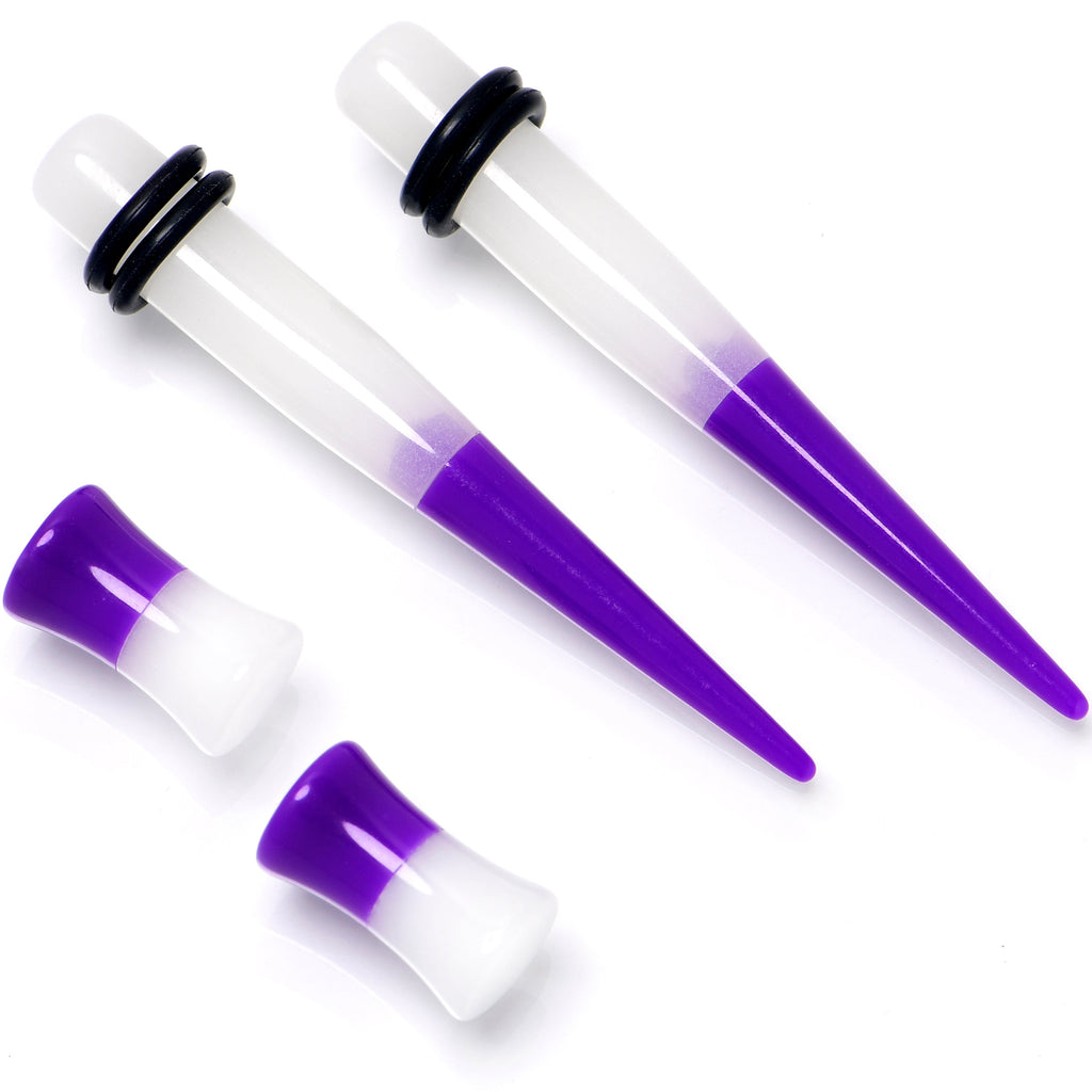 BodyCandy Purple White Acrylic Glow in the Dark Taper Saddle Plug Set 8mm to 16mm Sizes — detail close-up