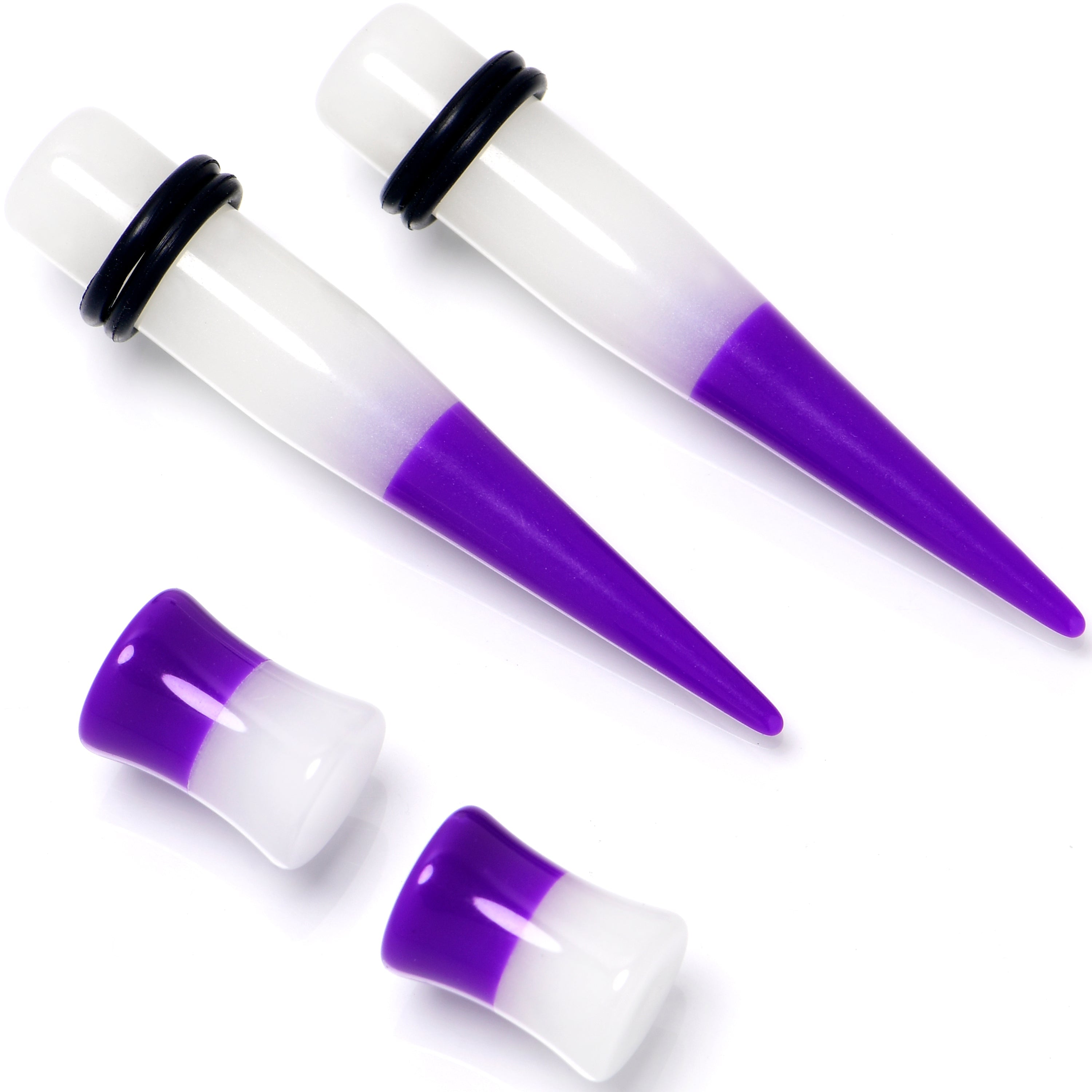 BodyCandy Purple White Acrylic Glow in the Dark Taper Saddle Plug Set 8mm to 16mm Sizes — lifestyle context