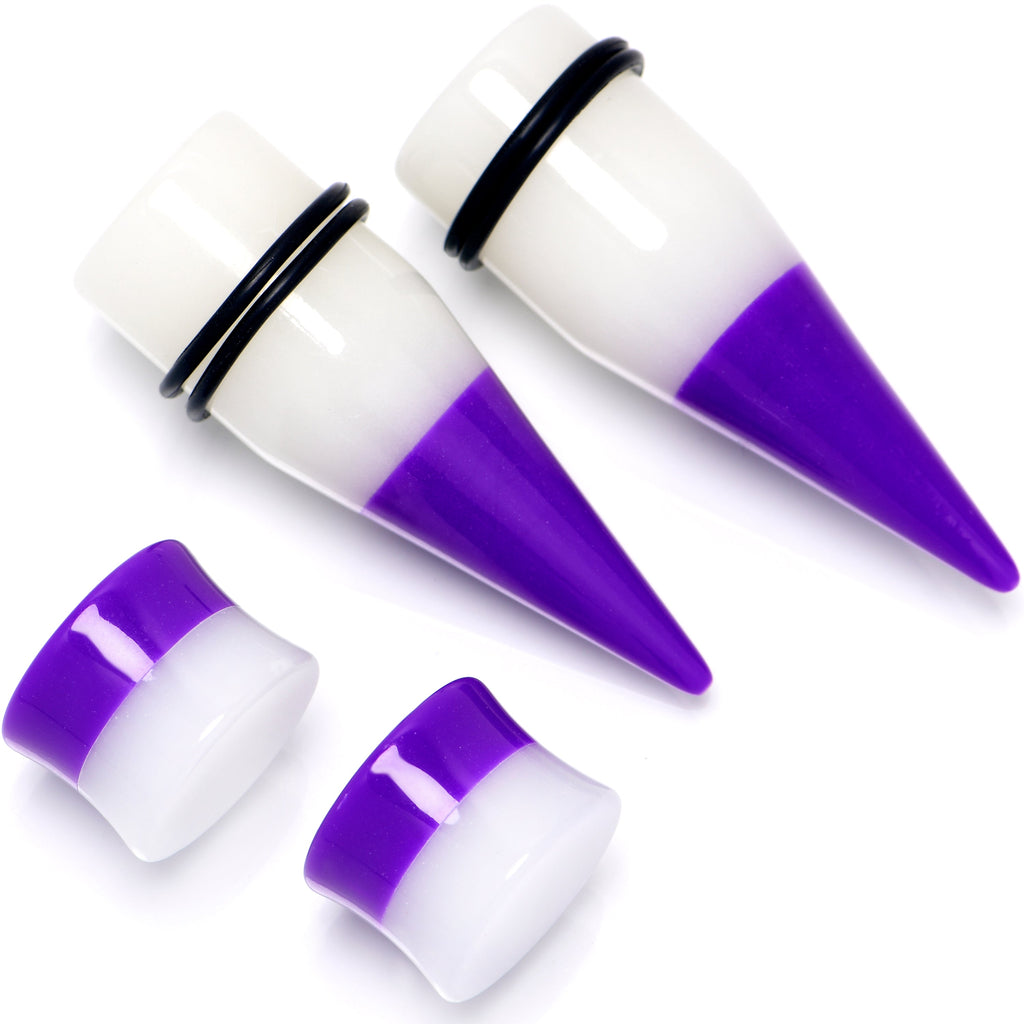 BodyCandy Purple White Acrylic Glow in the Dark Taper Saddle Plug Set 8mm to 16mm Sizes — main product shot