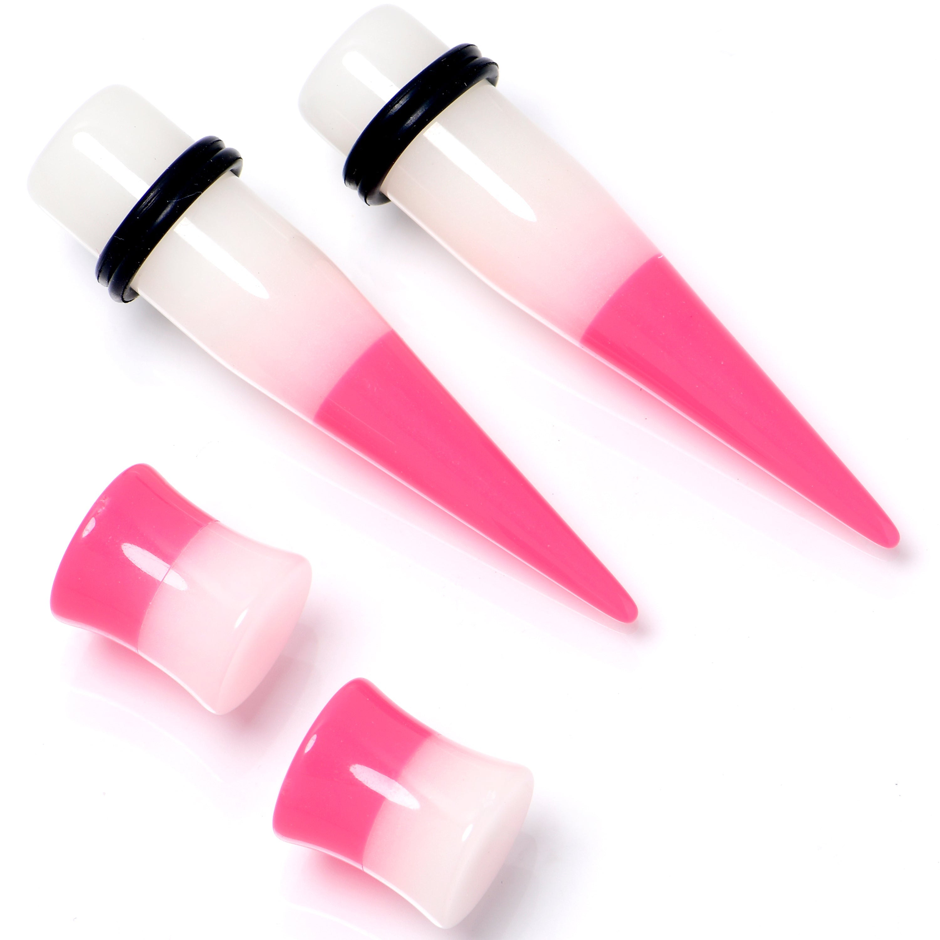BodyCandy Pink White Acrylic Glow in the Dark Taper Saddle Plug Set  8mm to 16mm Sizes — side view