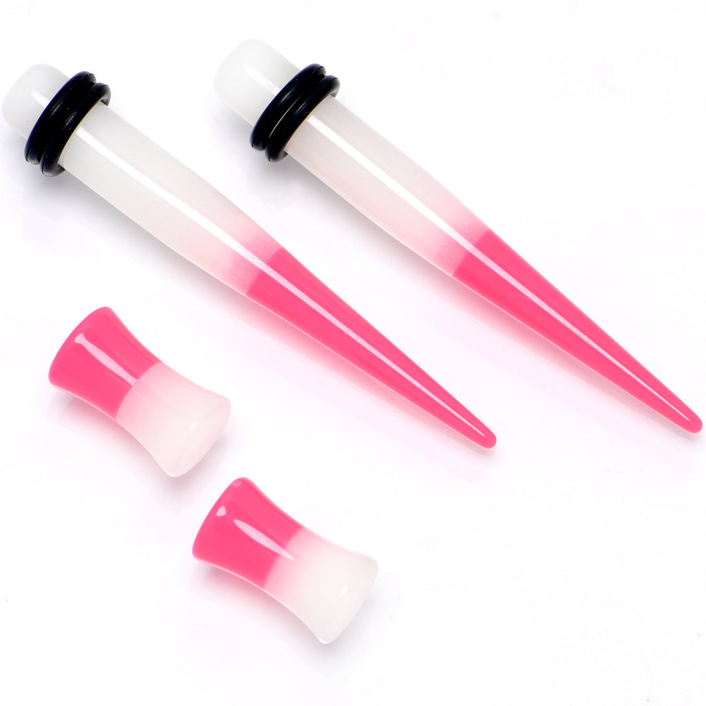 BodyCandy Pink White Acrylic Glow in the Dark Taper Saddle Plug Set  8mm to 16mm Sizes — detail close-up