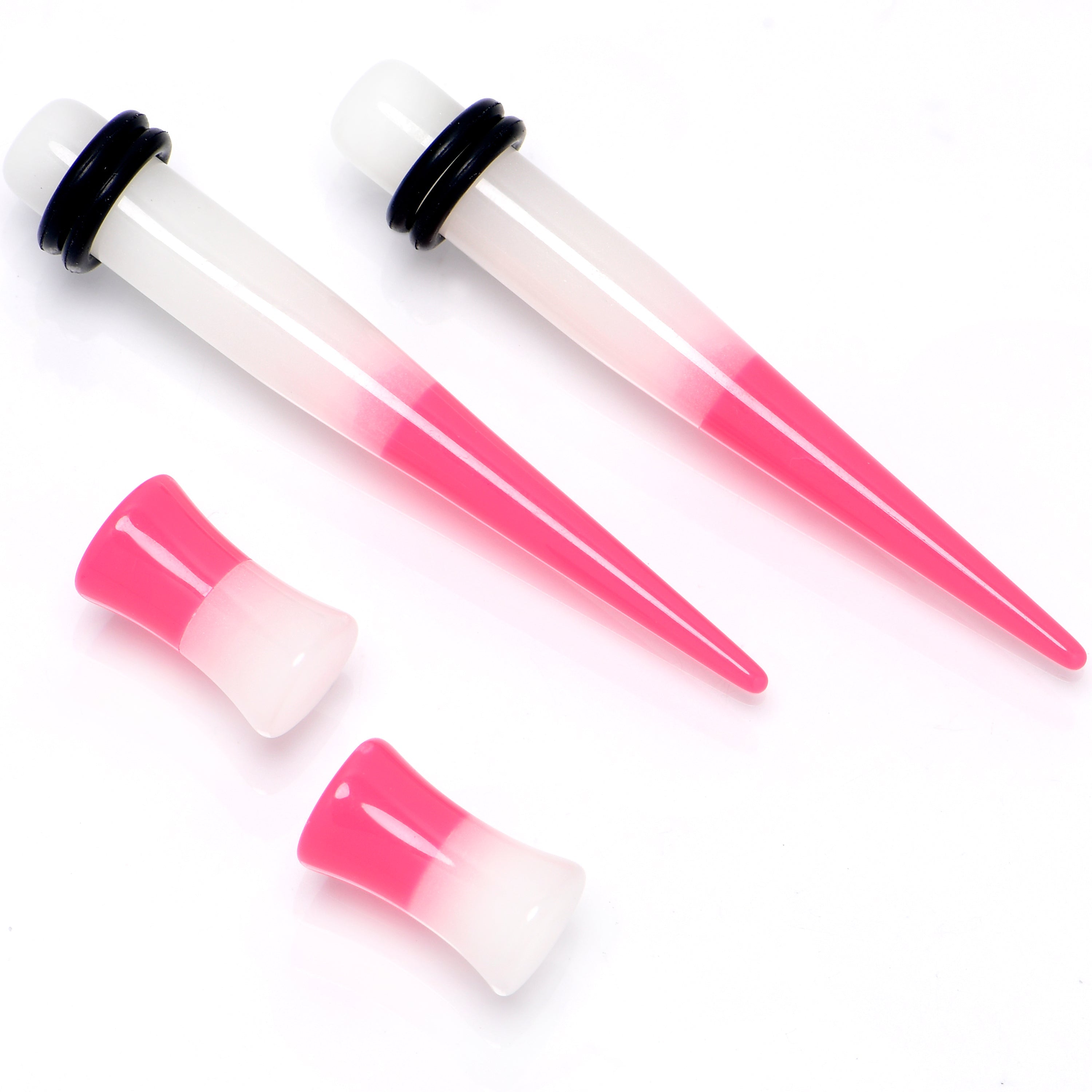 BodyCandy Pink White Acrylic Glow in the Dark Taper Saddle Plug Set  8mm to 16mm Sizes — detail close-up