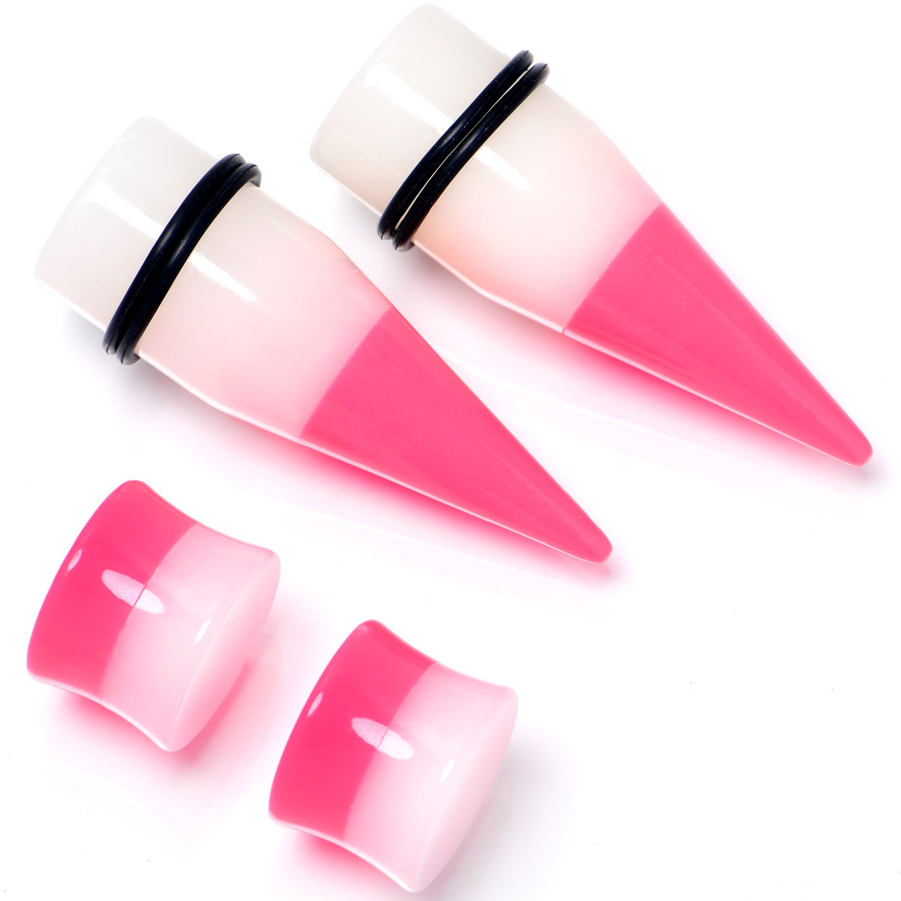 BodyCandy Pink White Acrylic Glow in the Dark Taper Saddle Plug Set  8mm to 16mm Sizes — main product shot