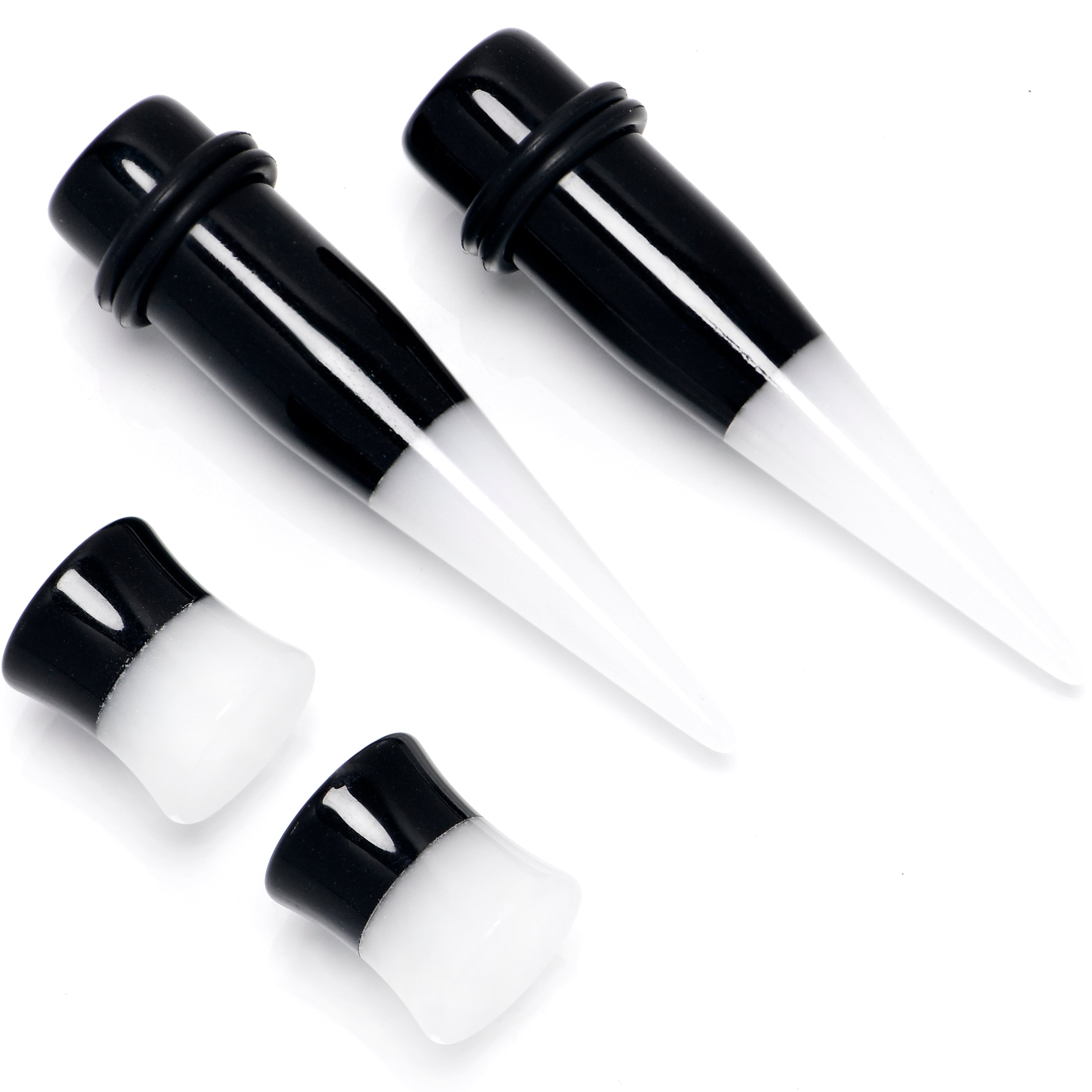 BodyCandy Black White Acrylic Glow in the Dark Taper Saddle Plug Set 8mm to 16mm Sizes — side view
