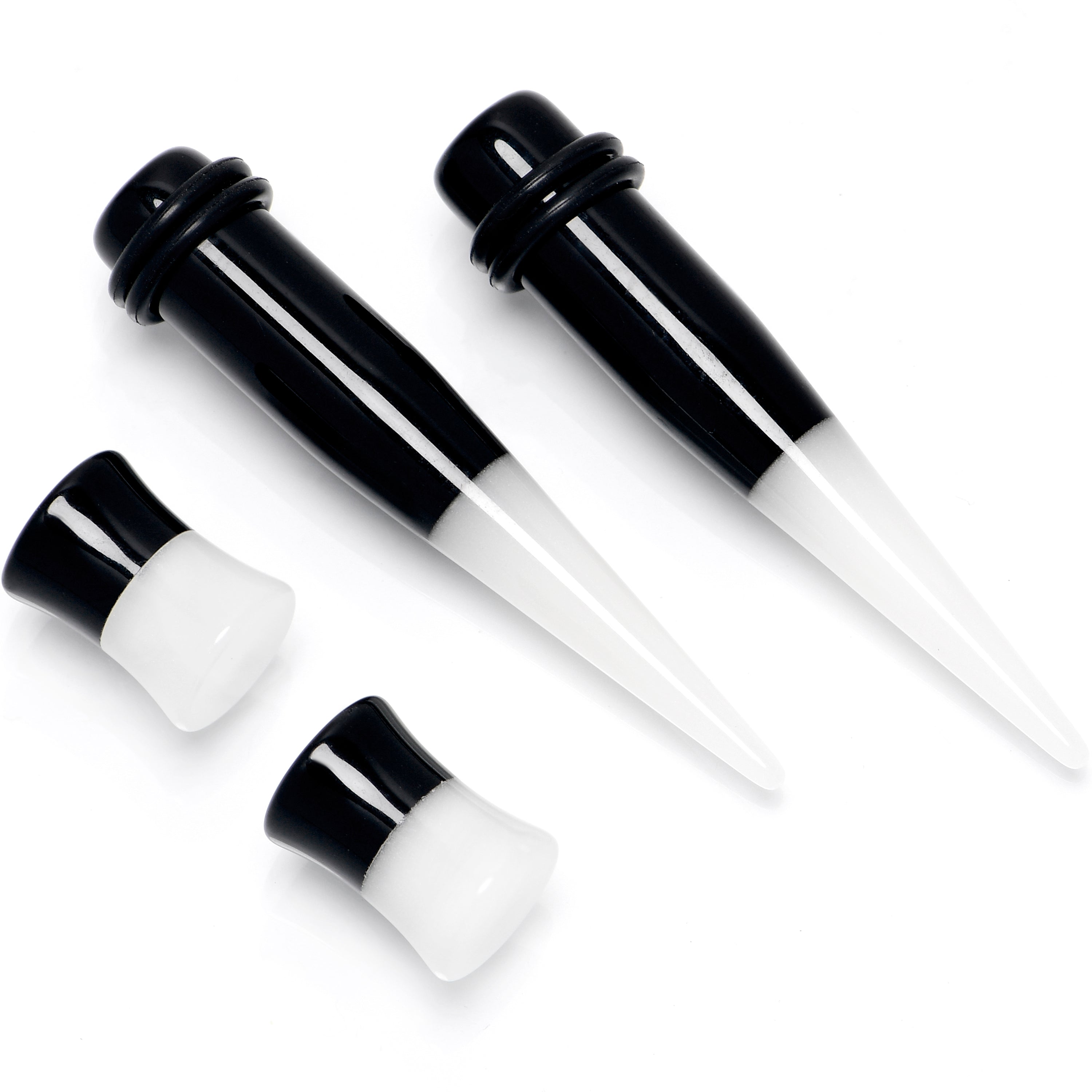 BodyCandy Black White Acrylic Glow in the Dark Taper Saddle Plug Set 8mm to 16mm Sizes — lifestyle context