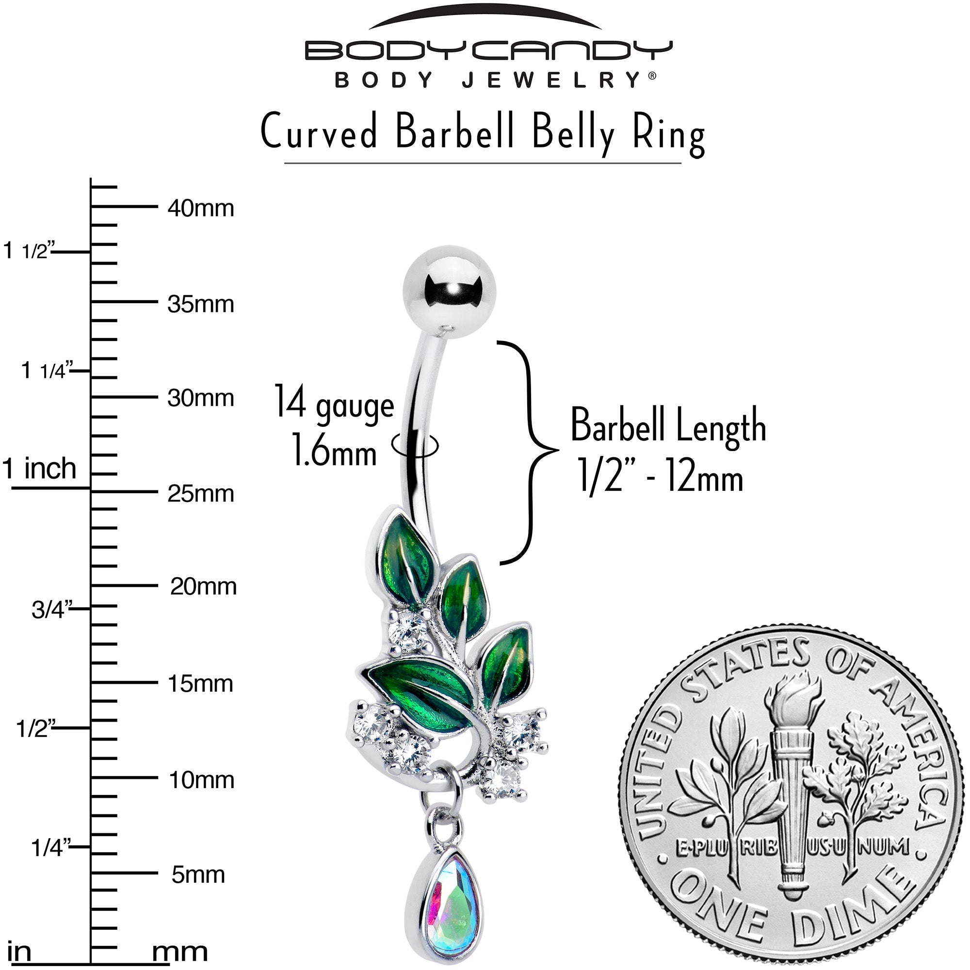 BodyCandy Aurora CZ Gem Morning Leaves Dangle Belly Ring — detail close-up