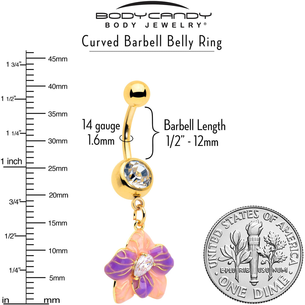 BodyCandy Clear Gem Gold Tone Pastel Flower Dangle Belly Ring — detail close-up