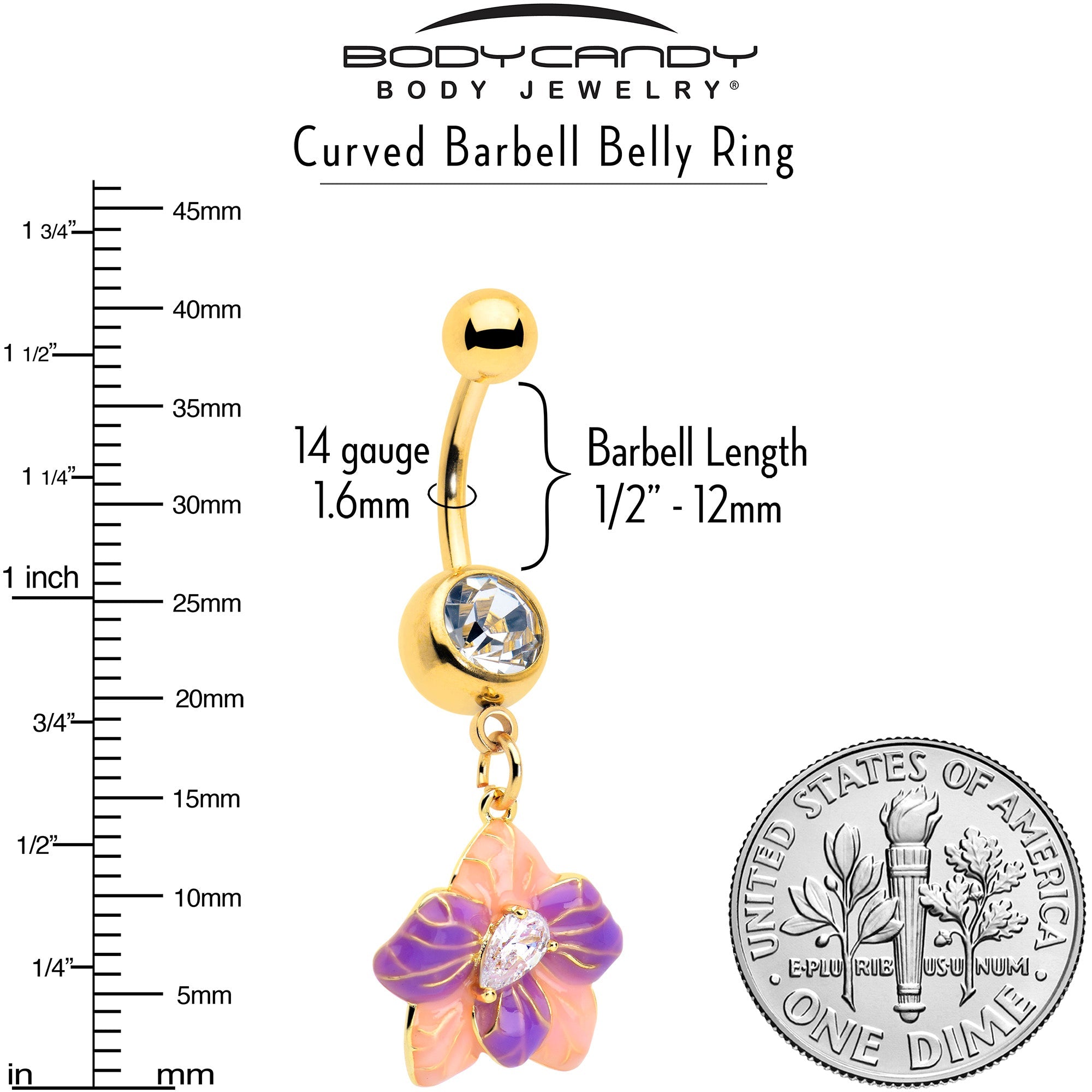 BodyCandy Clear Gem Gold Tone Pastel Flower Dangle Belly Ring — detail close-up