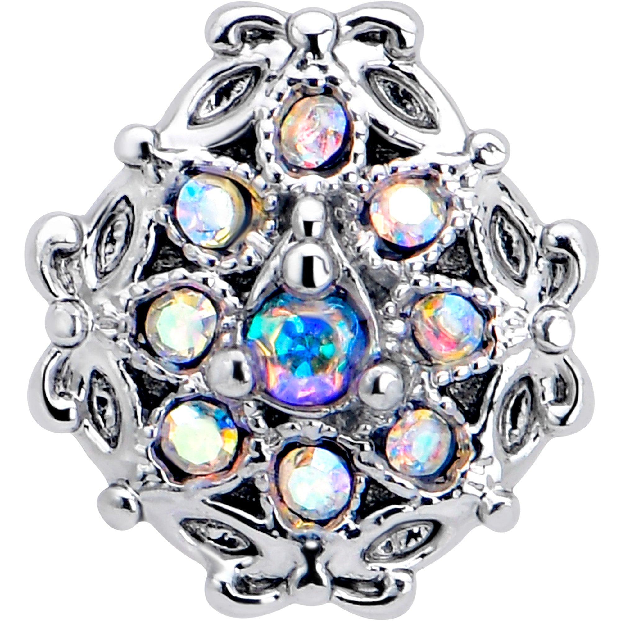 BodyCandy 16G 1/4 Aurora Gem Retro Sunburst Cartilage Labret — detail close-up