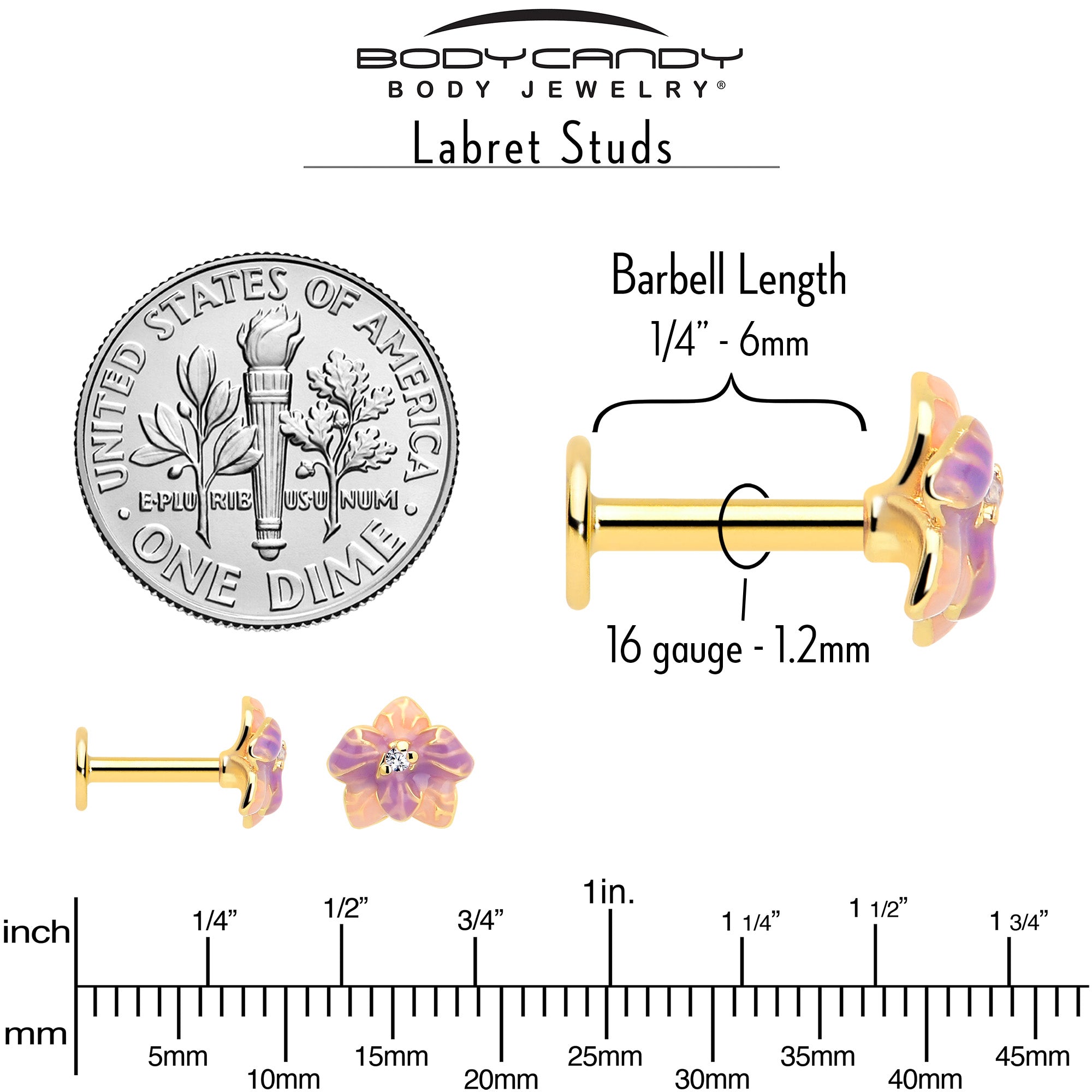 BodyCandy 16G 1/4 Clear Gem Gold Tone Pastel Flower Cartilage Labret — side view