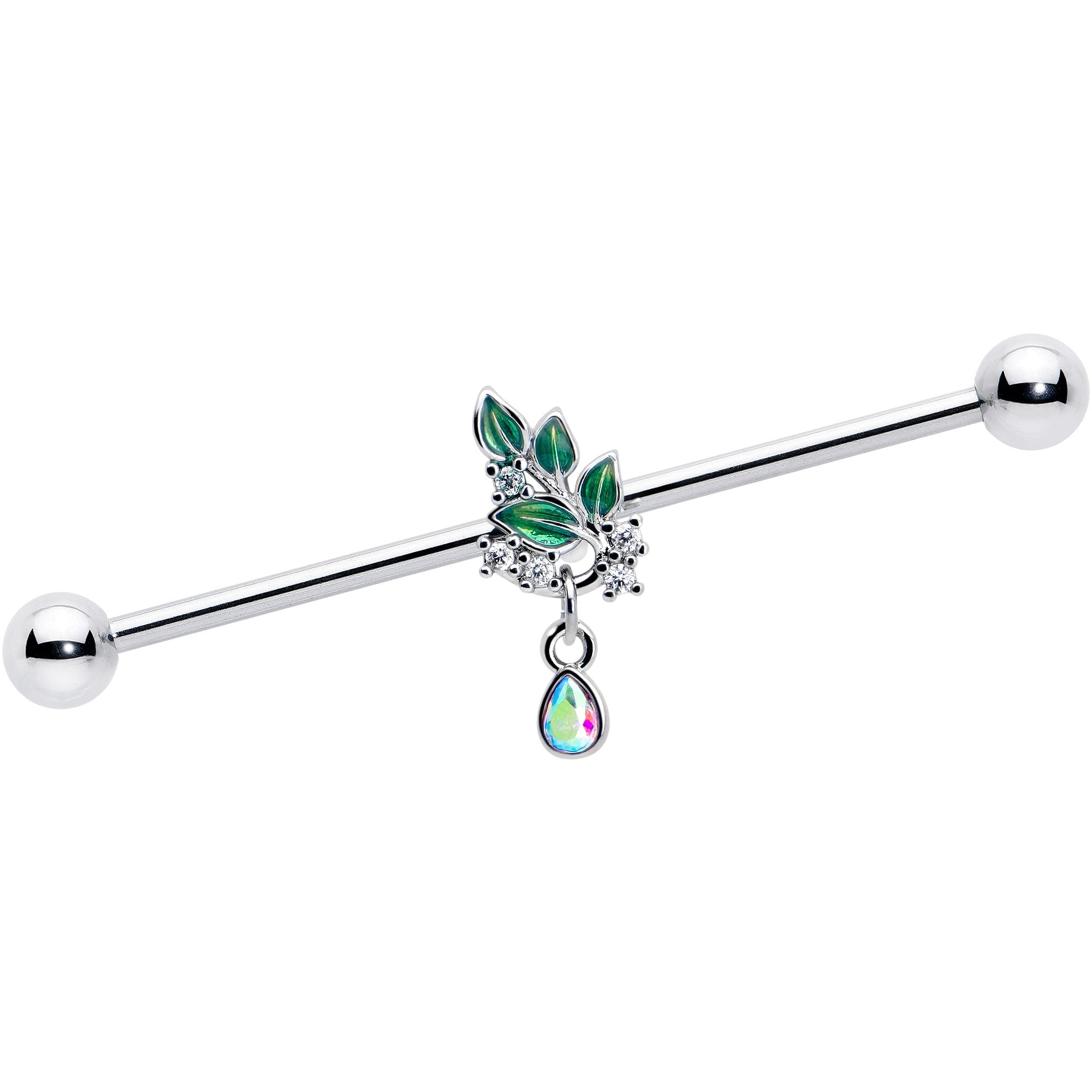 BodyCandy 14G Aurora CZ Gem Morning Leaves Dangle Industrial Barbell 38mm — main product shot