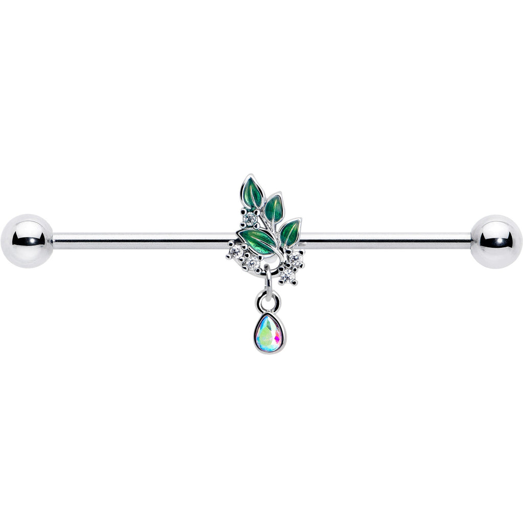 BodyCandy 14G Aurora CZ Gem Morning Leaves Dangle Industrial Barbell 38mm — detail close-up