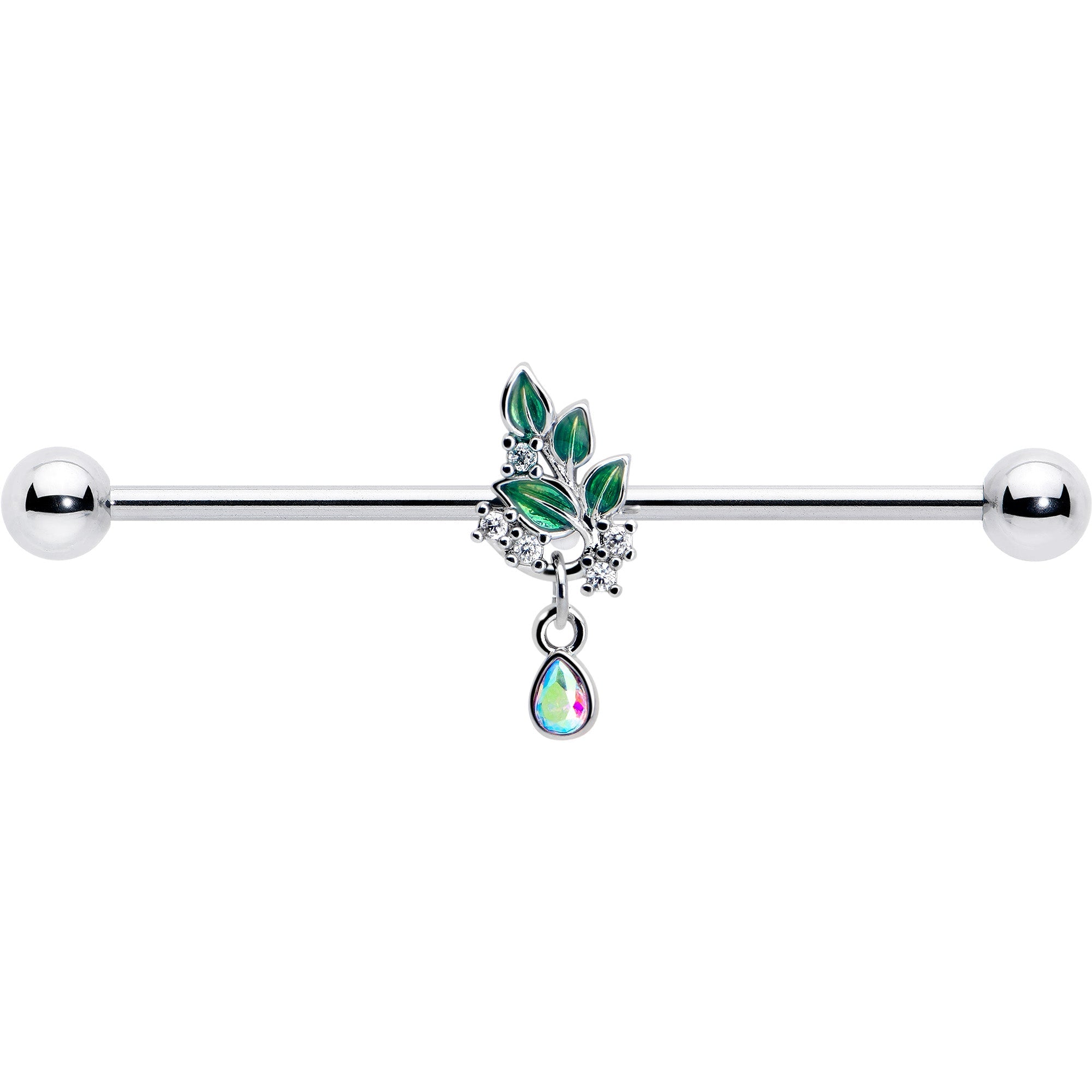 BodyCandy 14G Aurora CZ Gem Morning Leaves Dangle Industrial Barbell 38mm — detail close-up