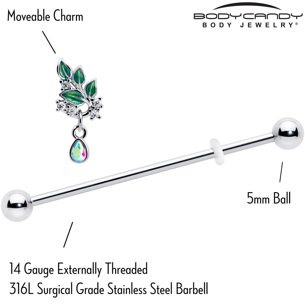 BodyCandy 14G Aurora CZ Gem Morning Leaves Dangle Industrial Barbell 38mm — lifestyle context