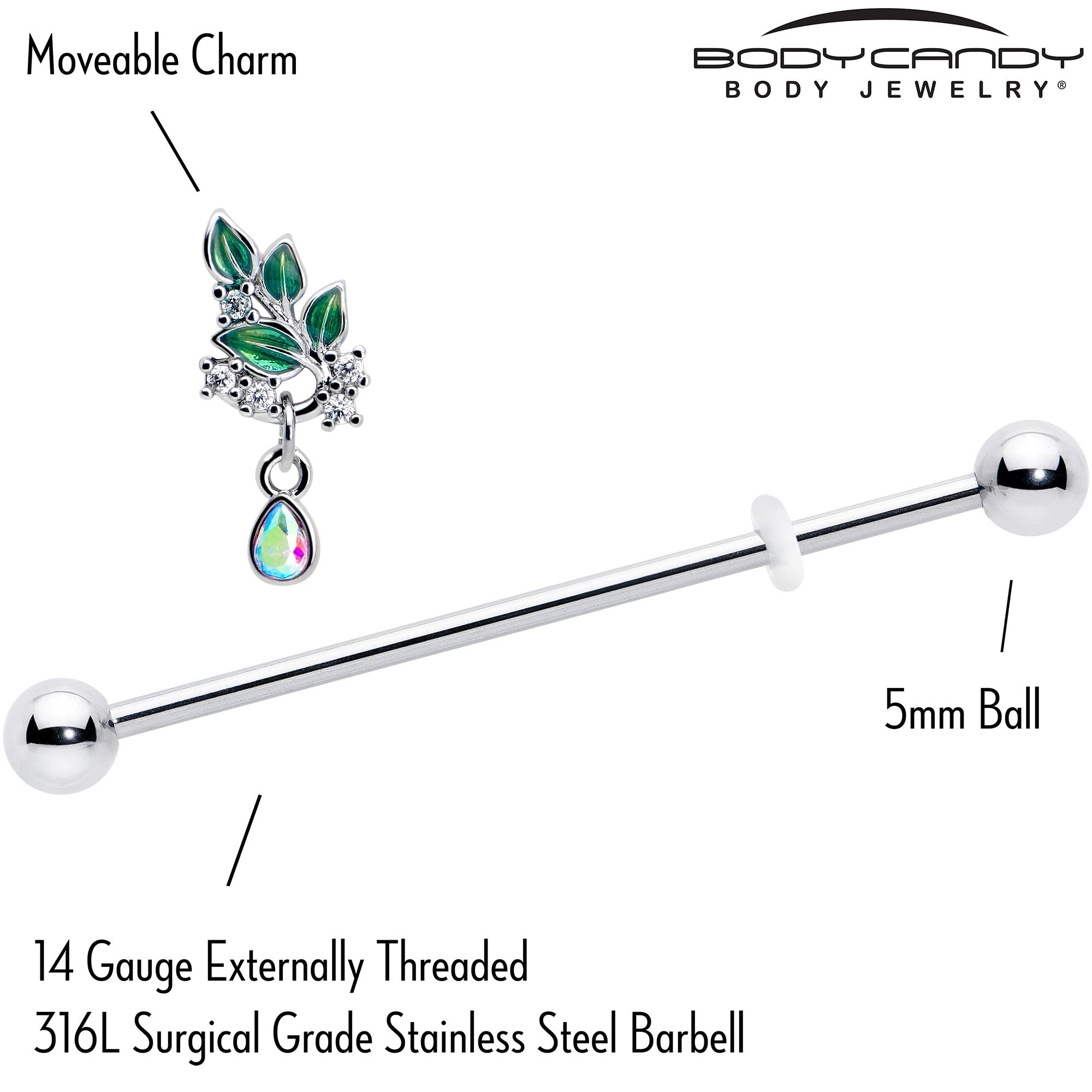 BodyCandy 14G Aurora CZ Gem Morning Leaves Dangle Industrial Barbell 38mm — lifestyle context