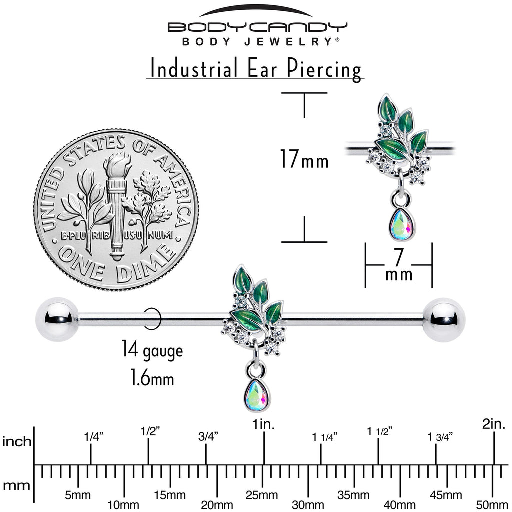 BodyCandy 14G Aurora CZ Gem Morning Leaves Dangle Industrial Barbell 38mm — side view