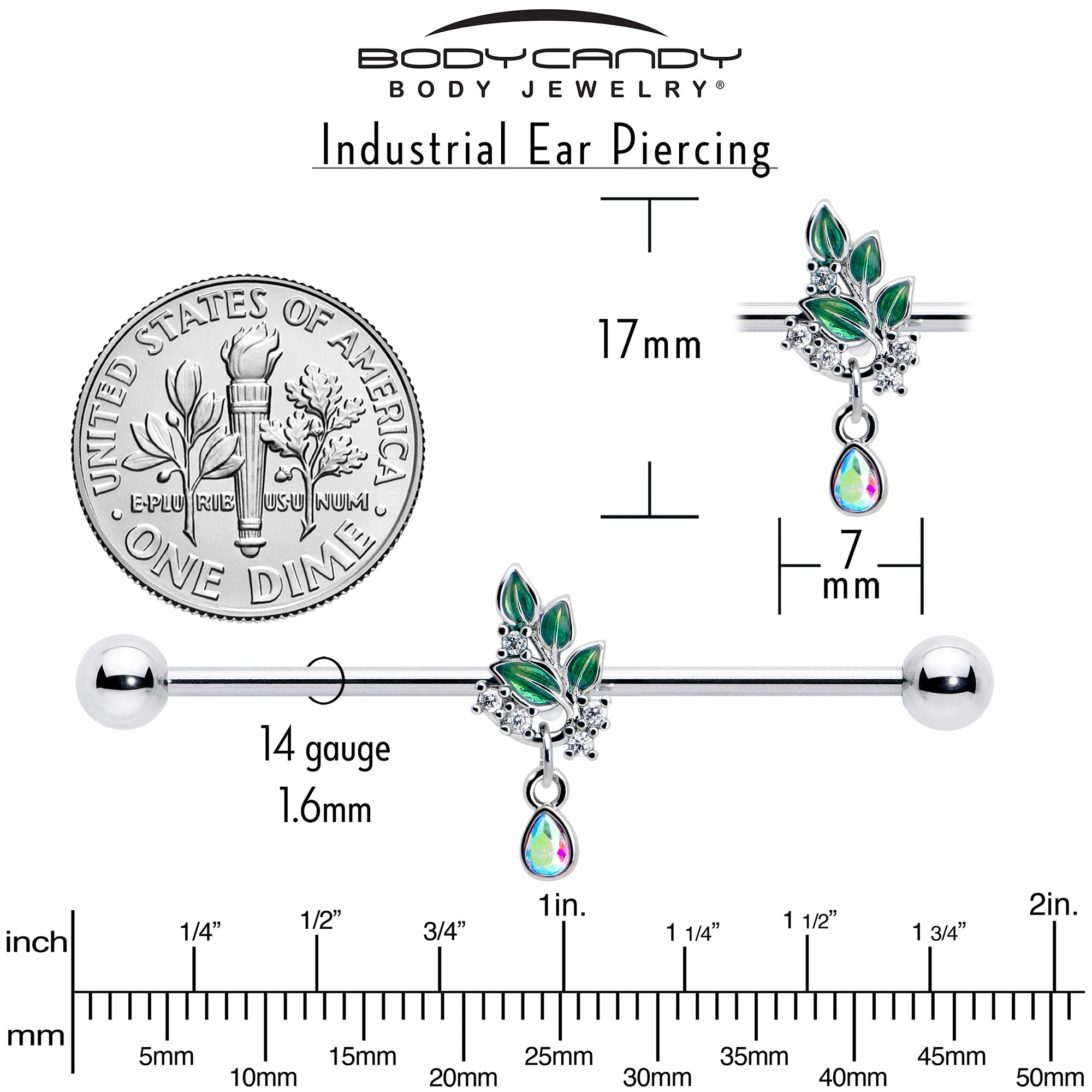 BodyCandy 14G Aurora CZ Gem Morning Leaves Dangle Industrial Barbell 38mm — side view