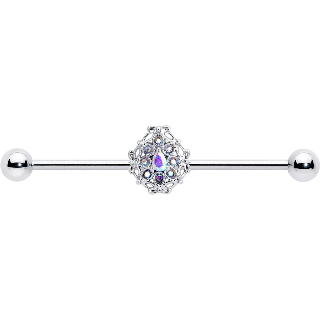 BodyCandy 14G Aurora Gem Retro Sunburst Industrial Barbell 38mm — detail close-up