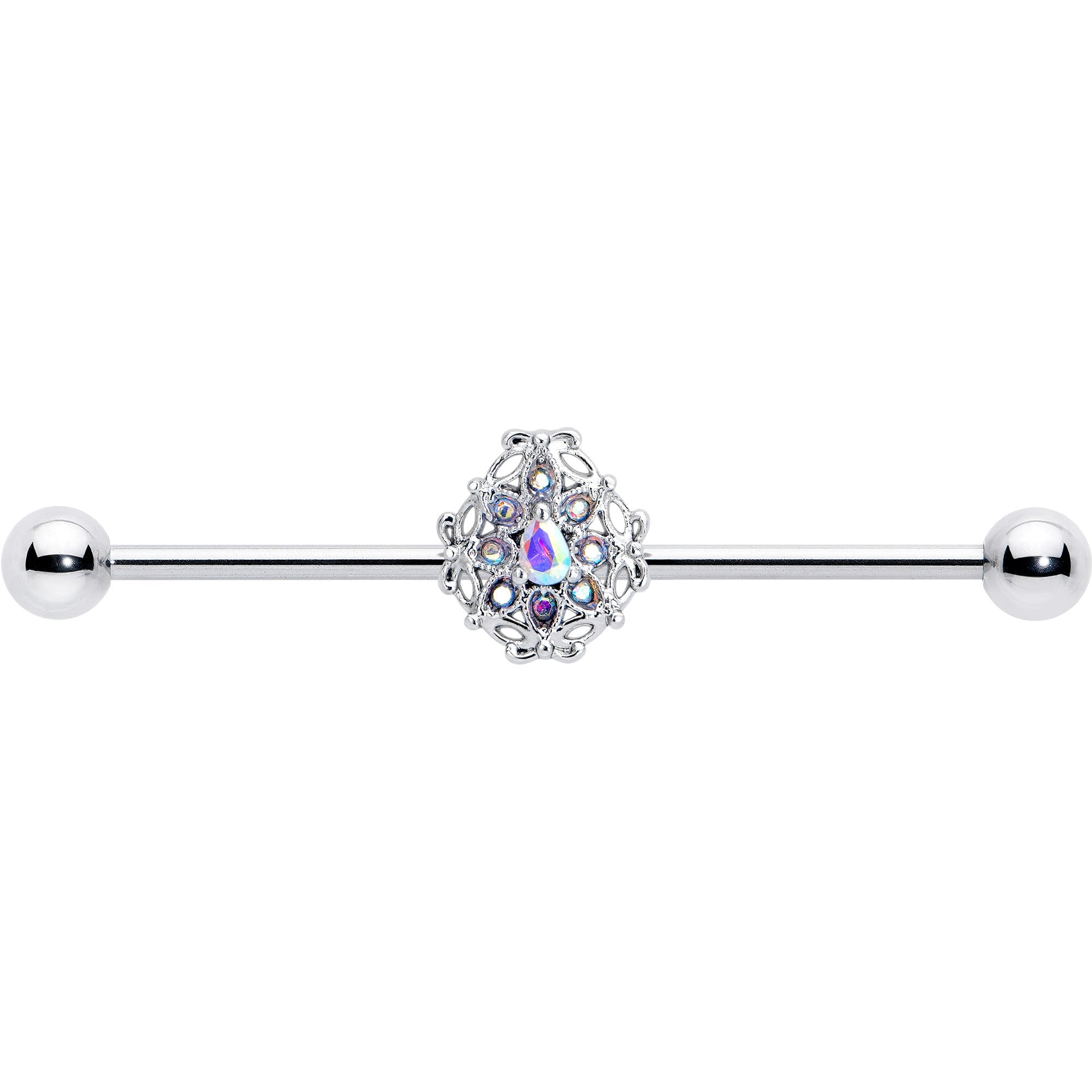 BodyCandy 14G Aurora Gem Retro Sunburst Industrial Barbell 38mm — detail close-up