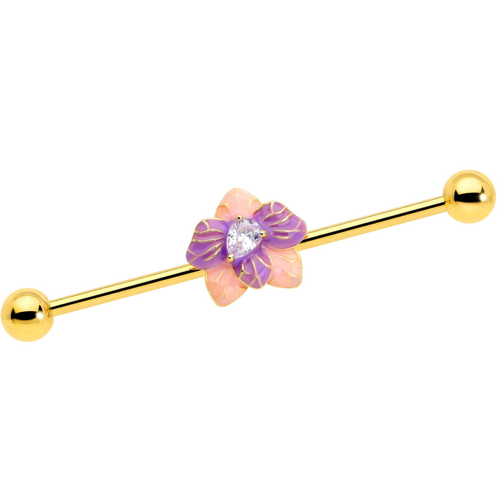 BodyCandy 14G Clear Gem Gold Tone Pastel Flower Industrial Barbell 38mm — main product shot