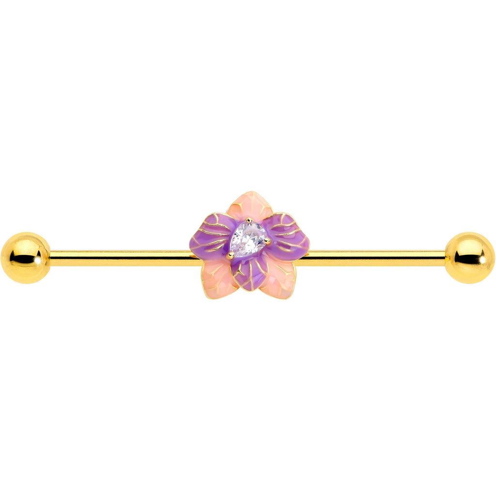 BodyCandy 14G Clear Gem Gold Tone Pastel Flower Industrial Barbell 38mm — detail close-up