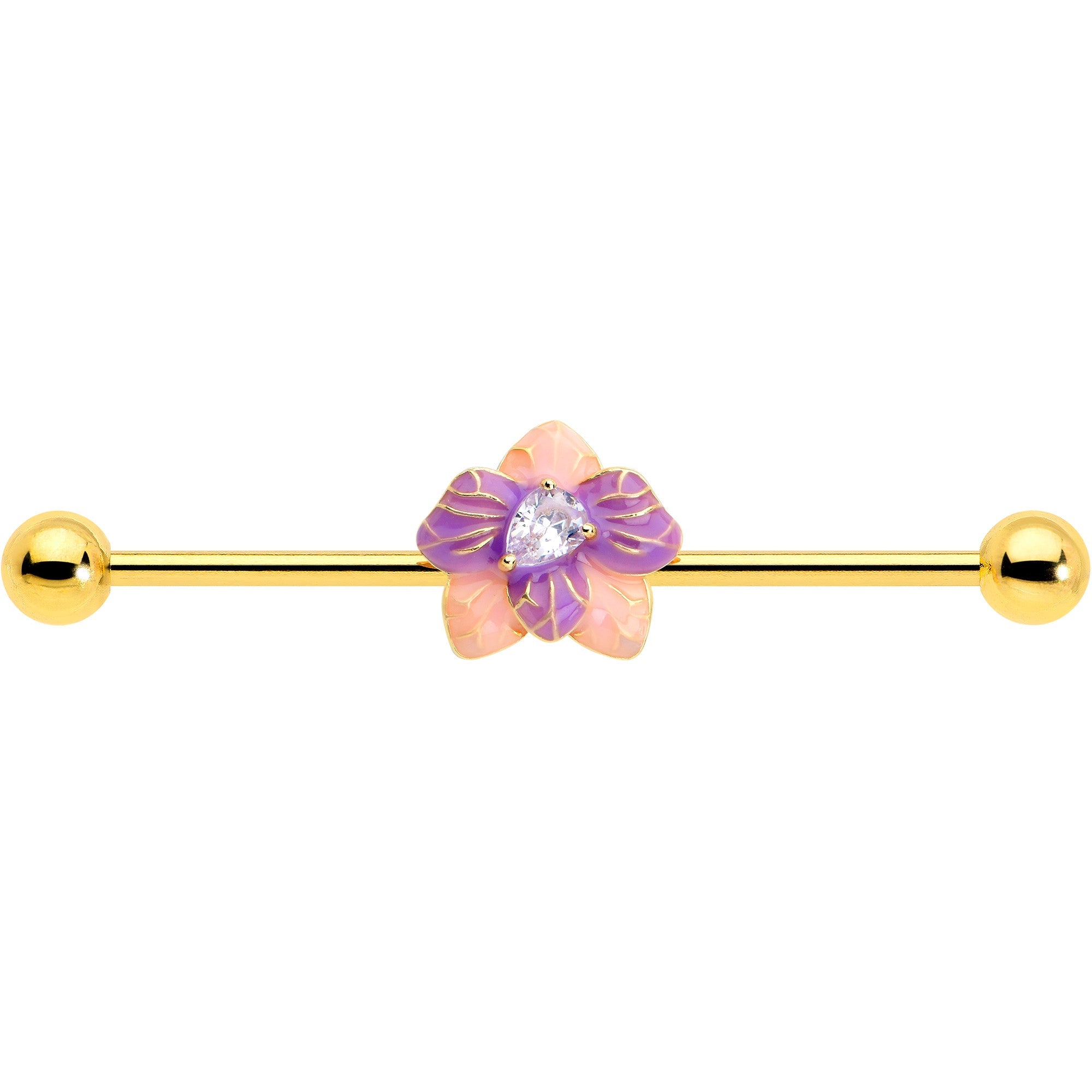 BodyCandy 14G Clear Gem Gold Tone Pastel Flower Industrial Barbell 38mm — detail close-up
