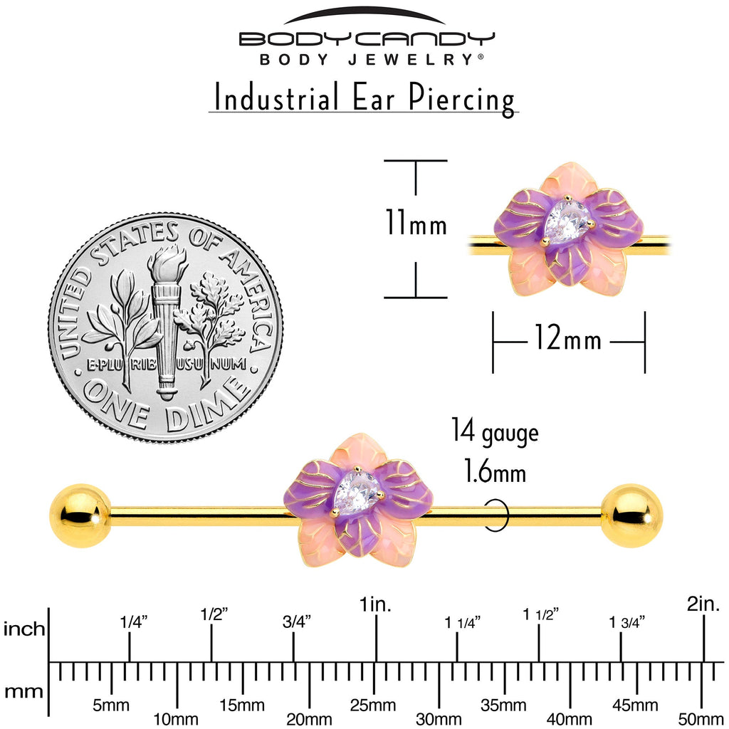 BodyCandy 14G Clear Gem Gold Tone Pastel Flower Industrial Barbell 38mm — side view