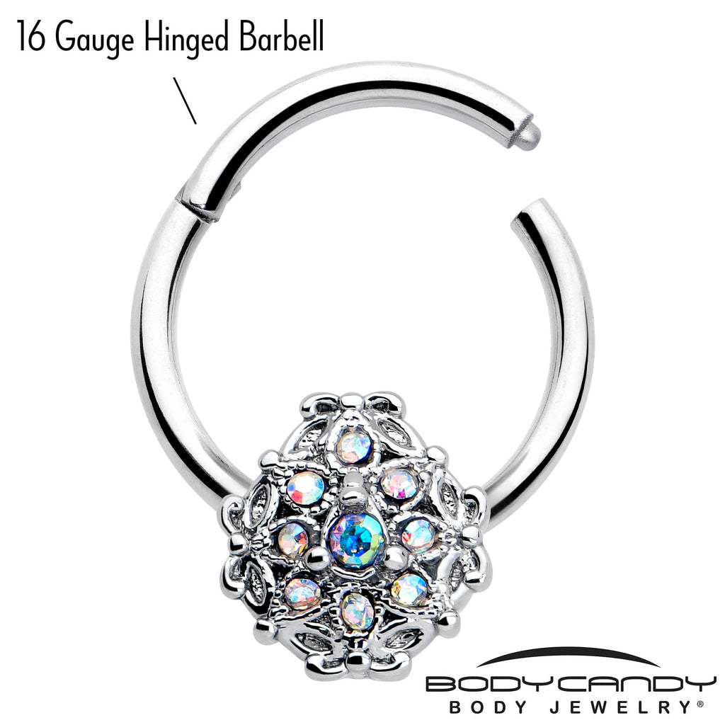 BodyCandy 16G 3/8 Aurora Gem Retro Sunburst Hinged Segment Ring — detail close-up